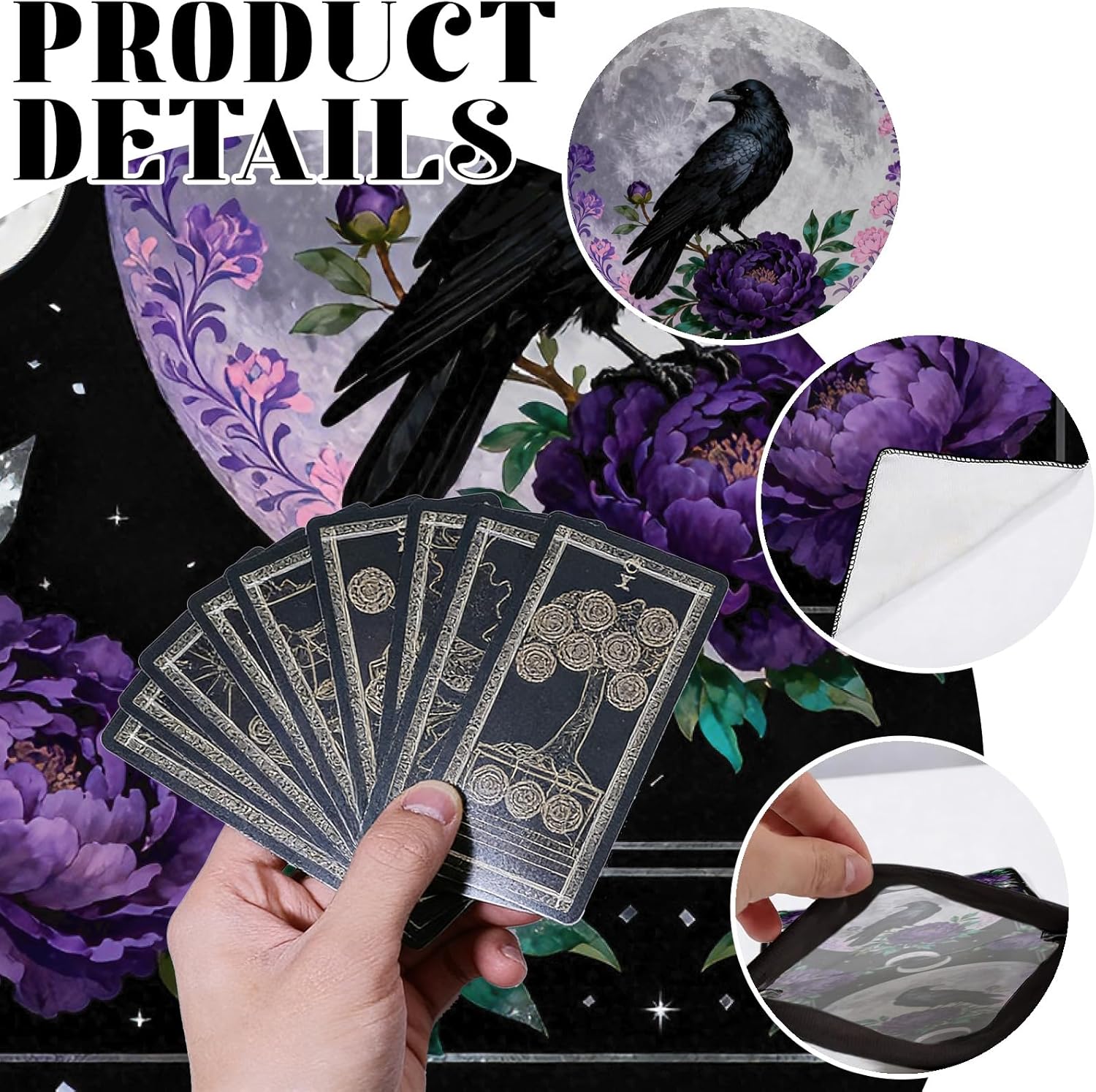 GLOBLELAND Crow Moon Tarot Cloth with Tarot Card Storage Bag Purple Peony Flower Square Velvet Tarots Tablecloth for Divination Wiccan Witchcraft Supplies Tool - Image 3