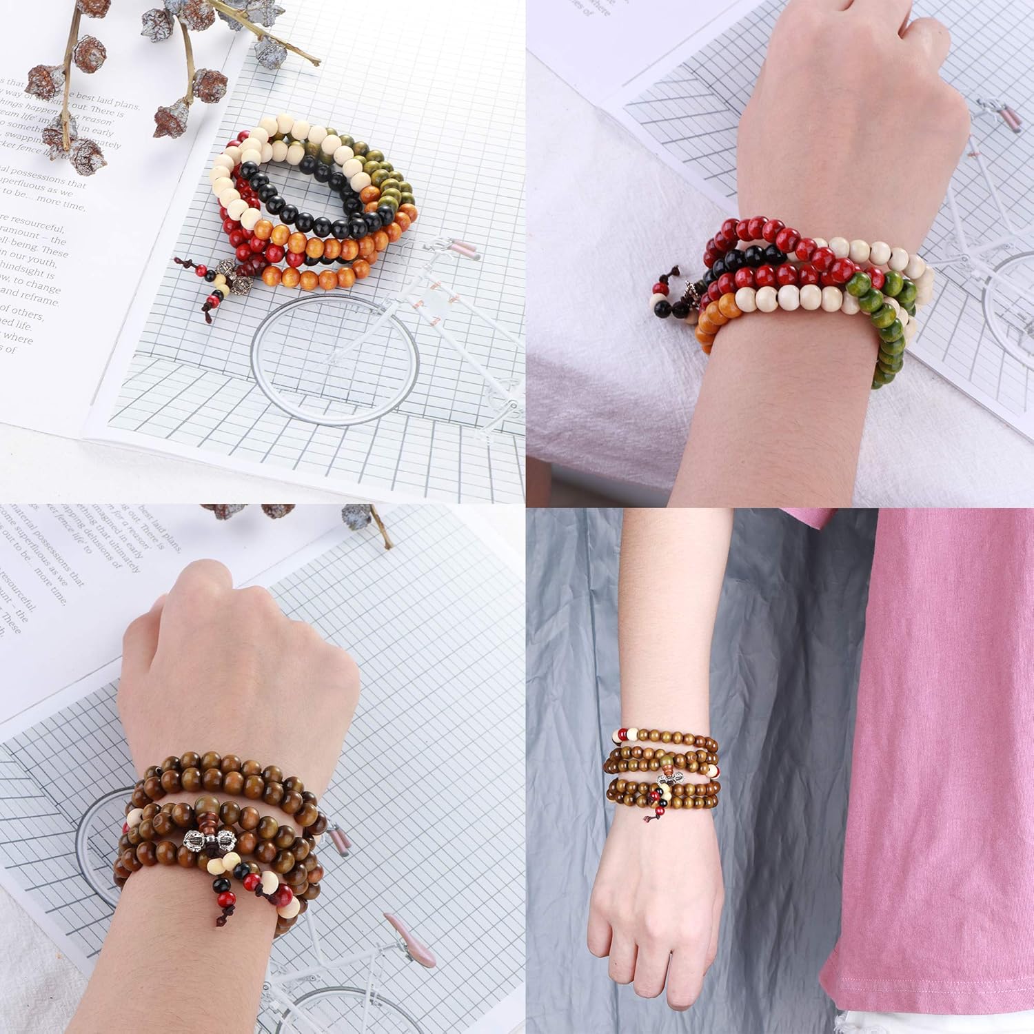 LOYALLOOK 12Pcs 108 Mala Bead Bracelets 8MM Buddhist Prayer Strand Sandalwood Wood Beaded Bracelet Necklace Elastic Handmade Multilayer Tibetan Buddha Link Wrist Bracelets Meditation Necklace Chain - Image 6