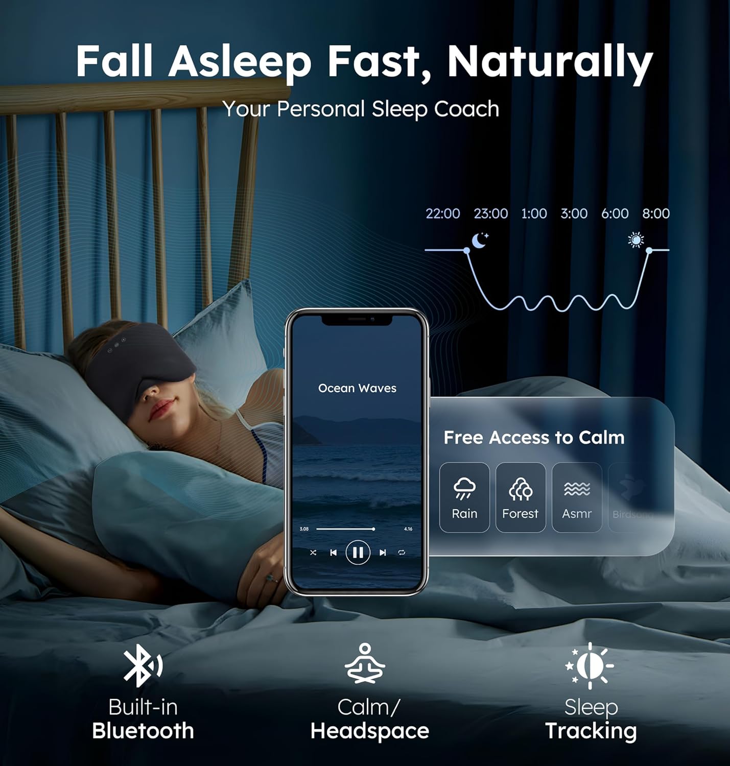 Luxury Bluetooth 5.4 Sleep Mask for Adults - Ice Fiber Cooling & HD Sound, 100% Light Blocking Adjustable Eye Cover for Travel & Side Sleepers - Soft Sleep Headphones with 10H Playtime - Image 6
