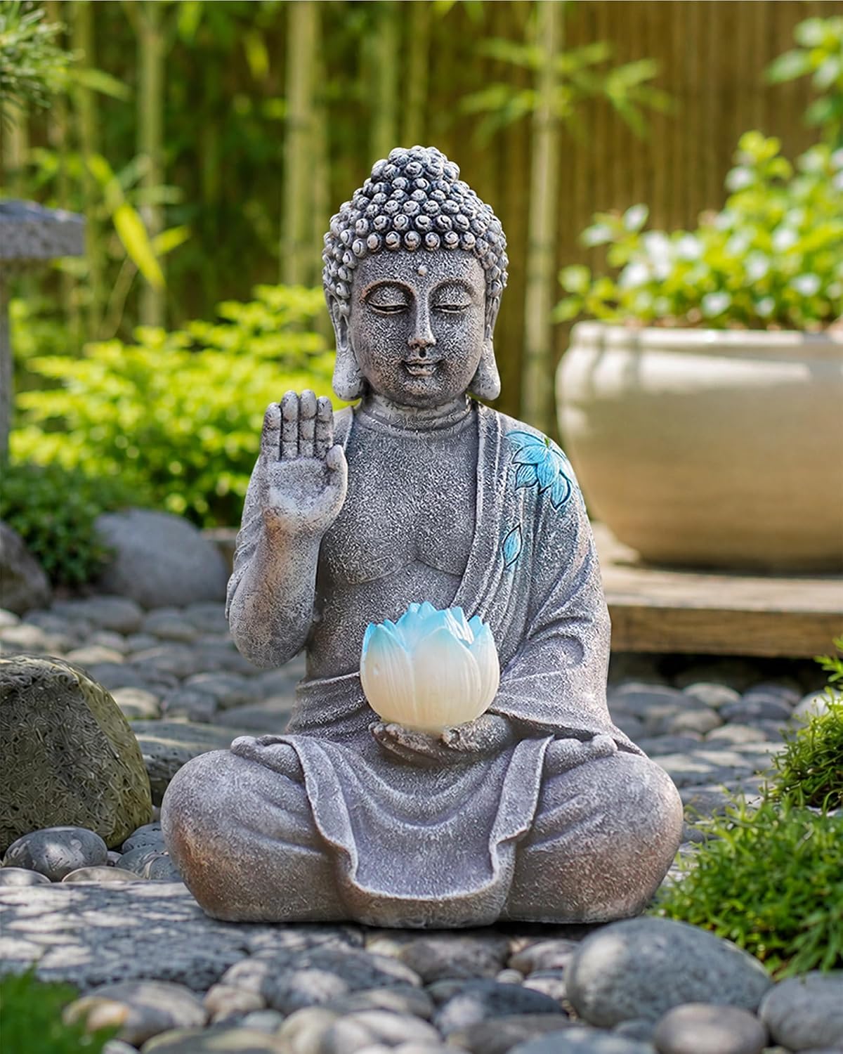 Nacome Solar Buddha Garden Statue Decor: Sitting Resin Figurine with Lotus Flower Light Zen Sculpture for Patio Lawn Yard Porch Balcony Meditation Space - 10.6 inches(Grey) - Image 9