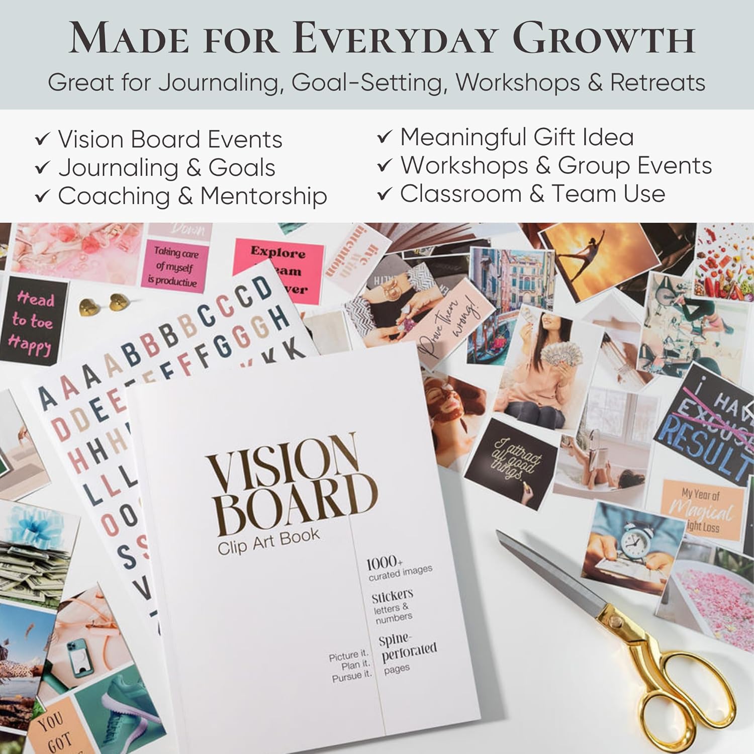 Vision Board Book for Women | 1000+ Images, Quotes & Affirmations | Tear-Out Perforated Pages + Letter & Number Stickers | Complete Vision Board Kit & Collage Clip Art Book for Goal Setting - Image 7