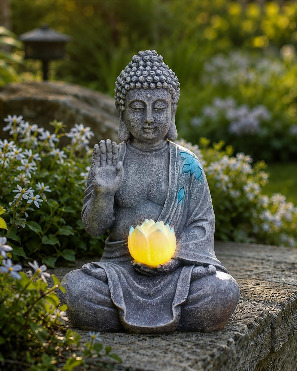 Nacome Solar Buddha Garden Statue Decor: Sitting Resin Figurine with Lotus Flower Light Zen Sculpture for Patio Lawn Yard Porch Balcony Meditation Space - 10.6 inches(Grey) - Image 8