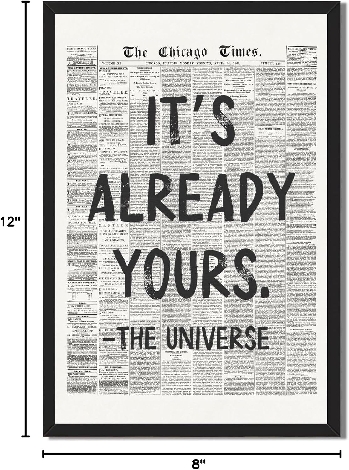Framed Black And White Retro Newspaper Wall Art ItS Already Yours Universe Quote Poster Trendy Positive Inspirational Wall Decor for Bedroom Office Apartment Dorm Affirmation Canvas Print 8x12inch - Image 7