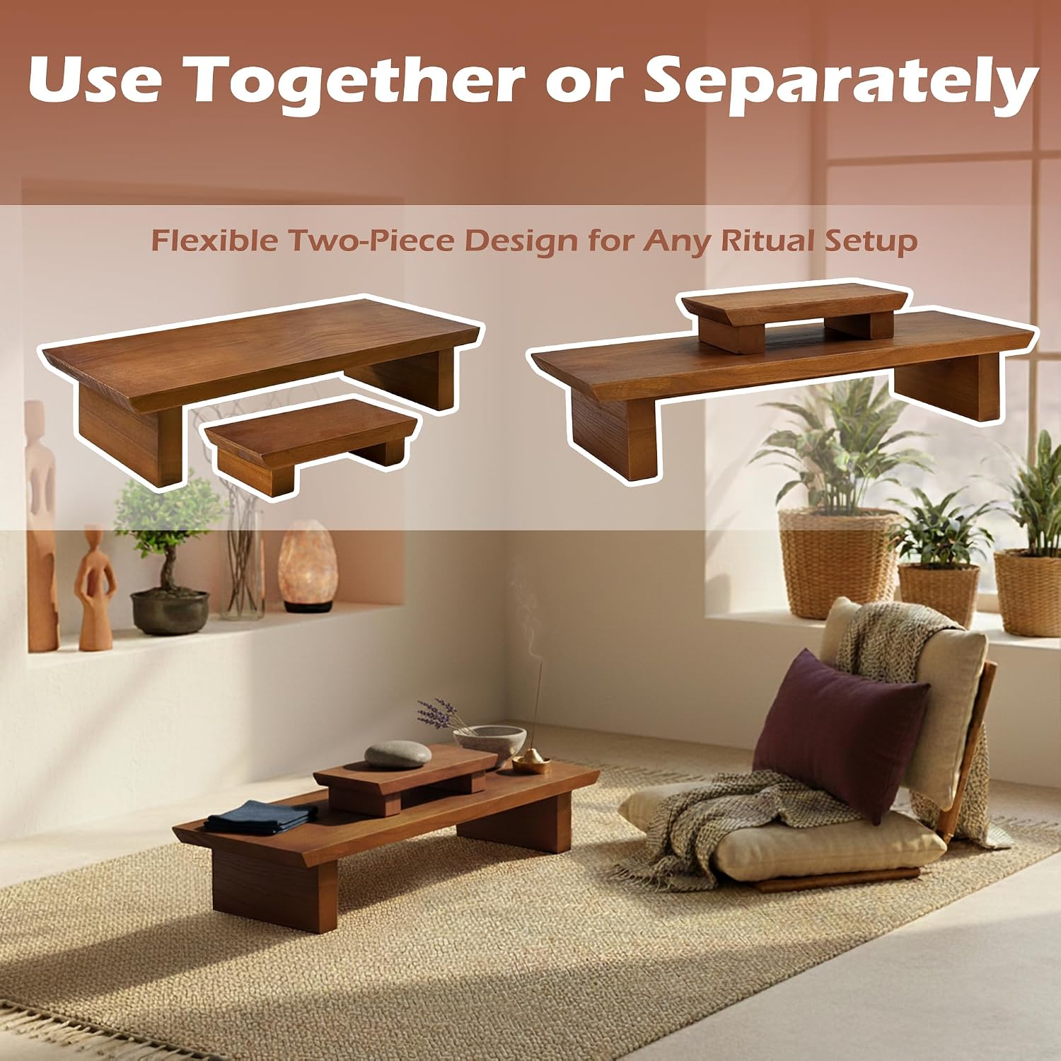Meditation Altar Table Solid Wood, Wooden Puja Table for Relaxation and Prayer, Low Meditation Tables, Japanese Floor Table, Small Coffee & Tea Table for Home, Office, Studio - Image 4