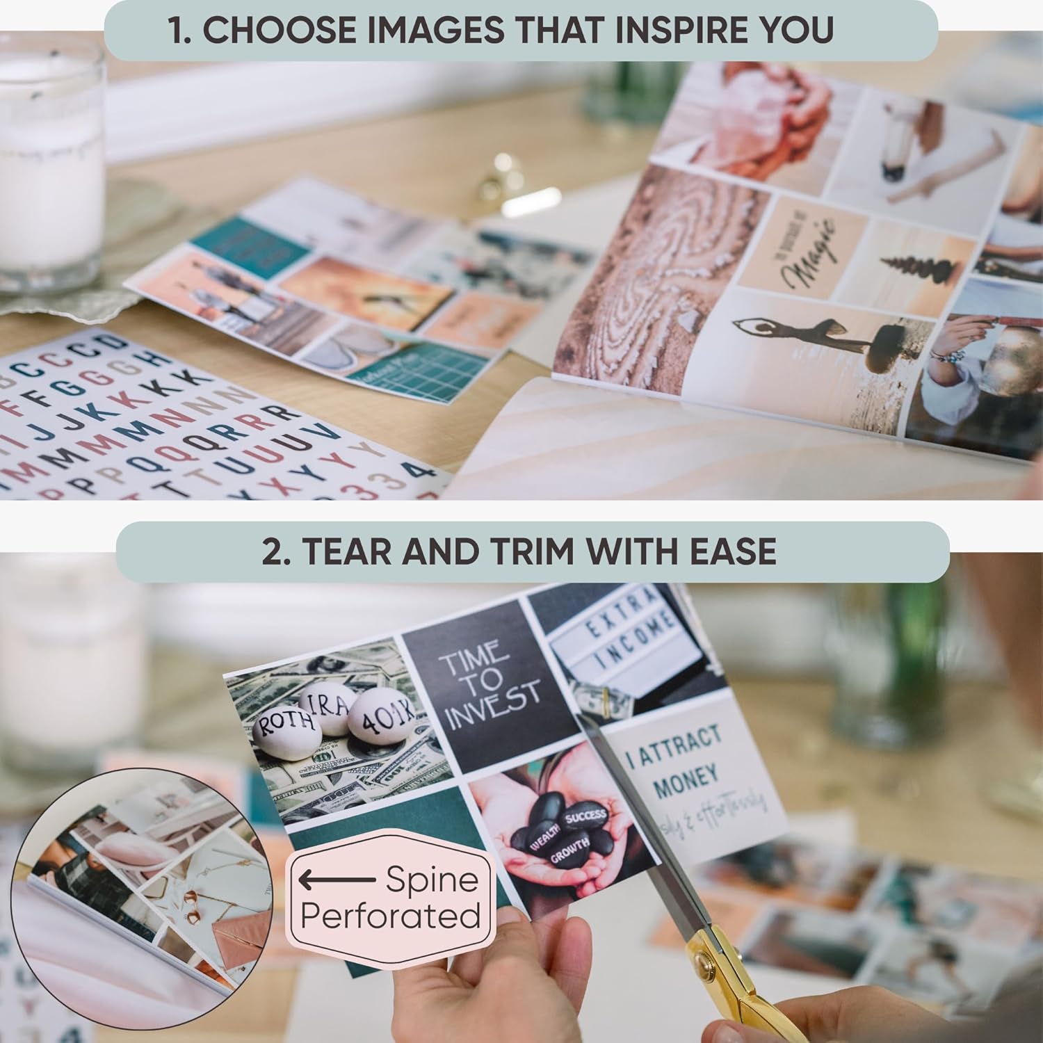 Vision Board Book for Women | 1000+ Images, Quotes & Affirmations | Tear-Out Perforated Pages + Letter & Number Stickers | Complete Vision Board Kit & Collage Clip Art Book for Goal Setting - Image 5