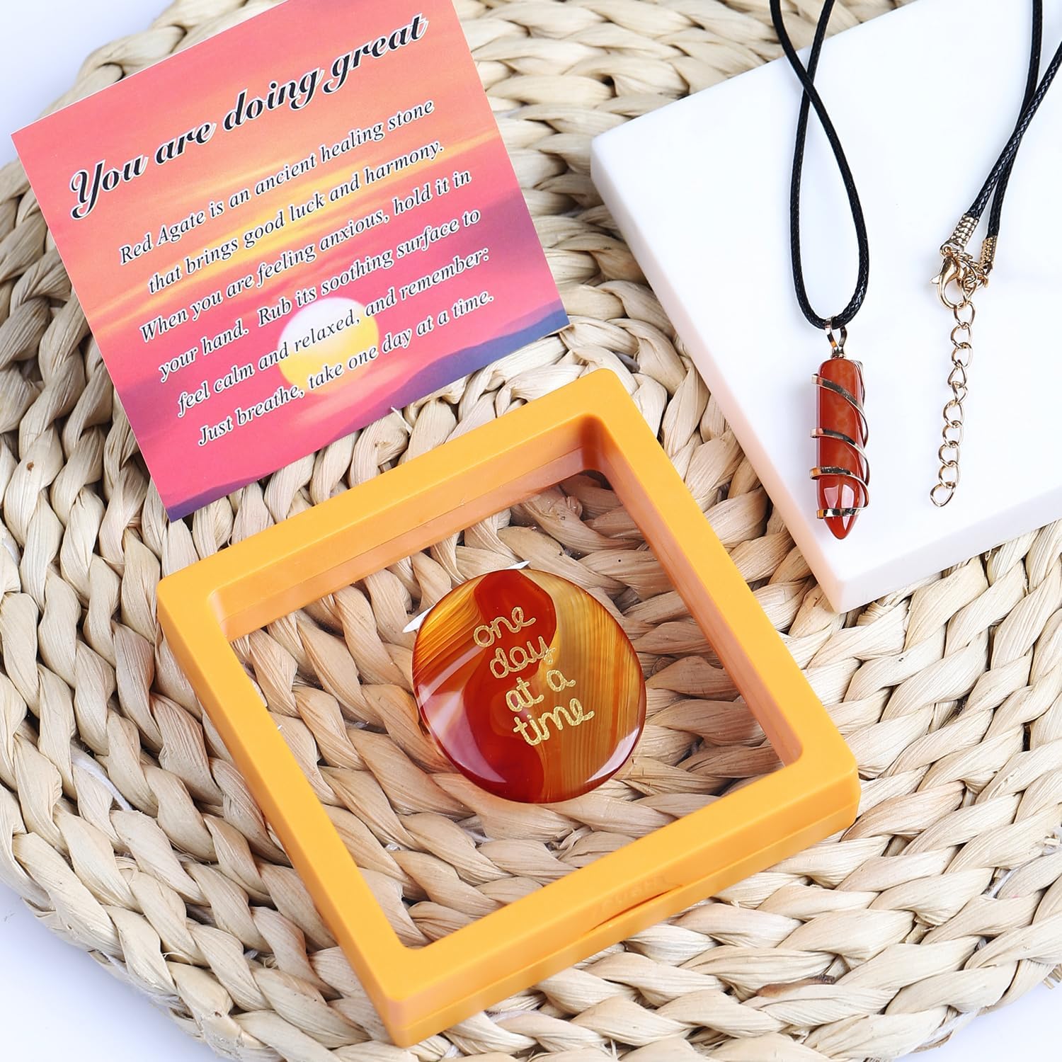 Agate Healing Crystal Set for Anxiety Relief - One Day at a Time Worry Stone for anxiety, Inspirational Gifts Sobriety Gifts Thinking of You Gift for Women Men - Image 3