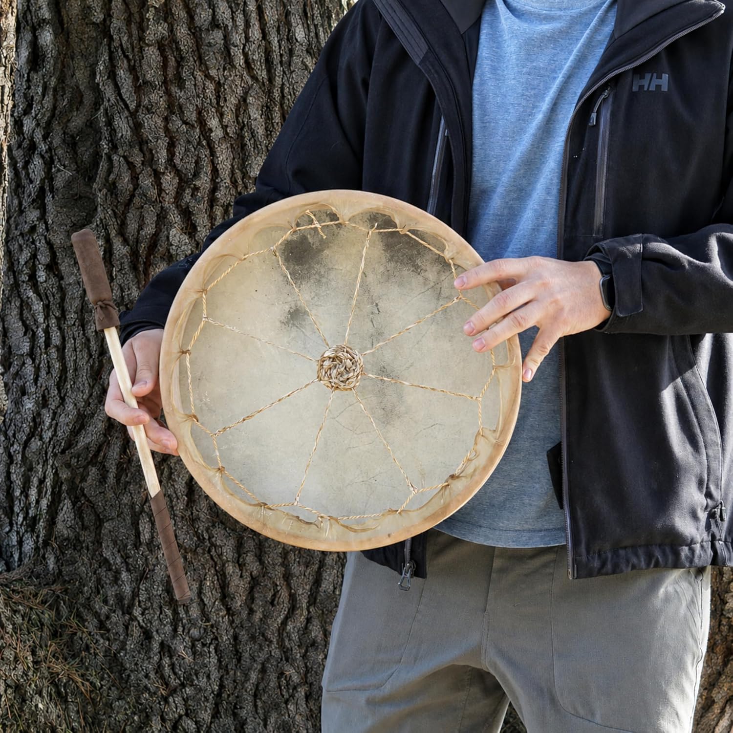 GMP Traditional Frame Drum/Bodhran with Handle, 15" Diameter | Natural Goatskin Head, Comes with Wood and Leather Mallet - Image 7
