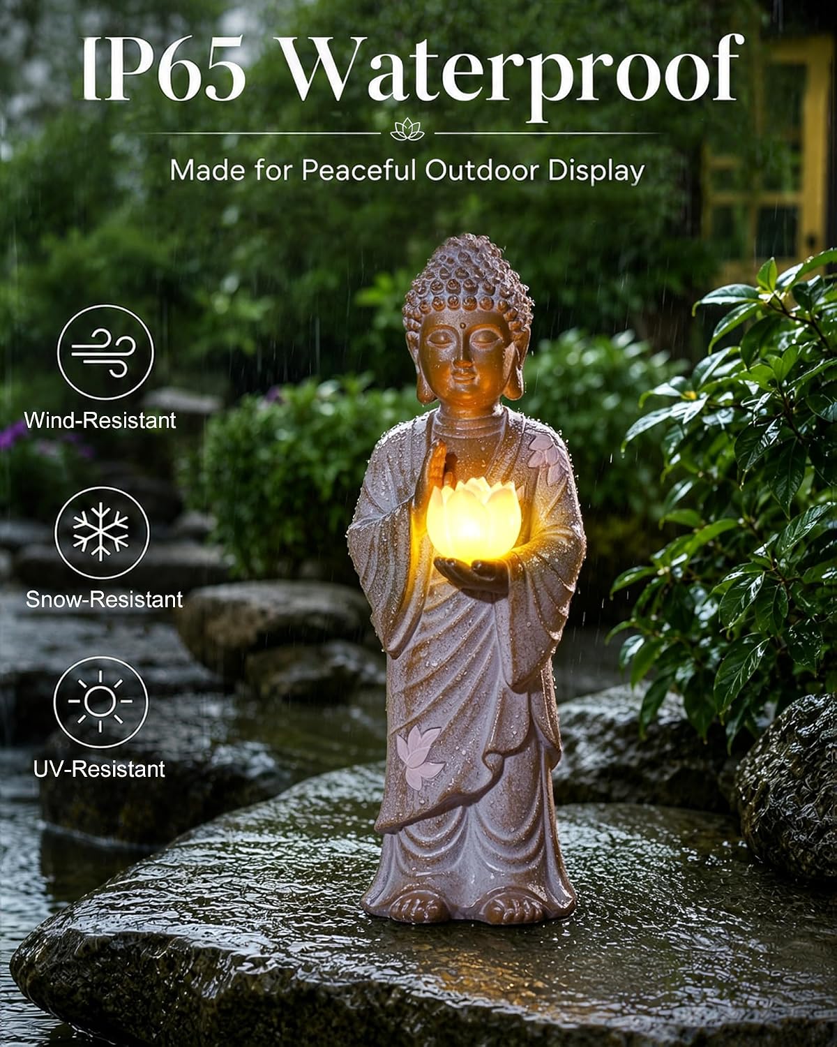 Nacome Solar Buddha Garden Statue Decor: Standing Resin Figurine with Lotus Flower Light Zen Sculpture for Patio Lawn Yard Porch Balcony Meditation Space - 11 inches(White) - Image 6