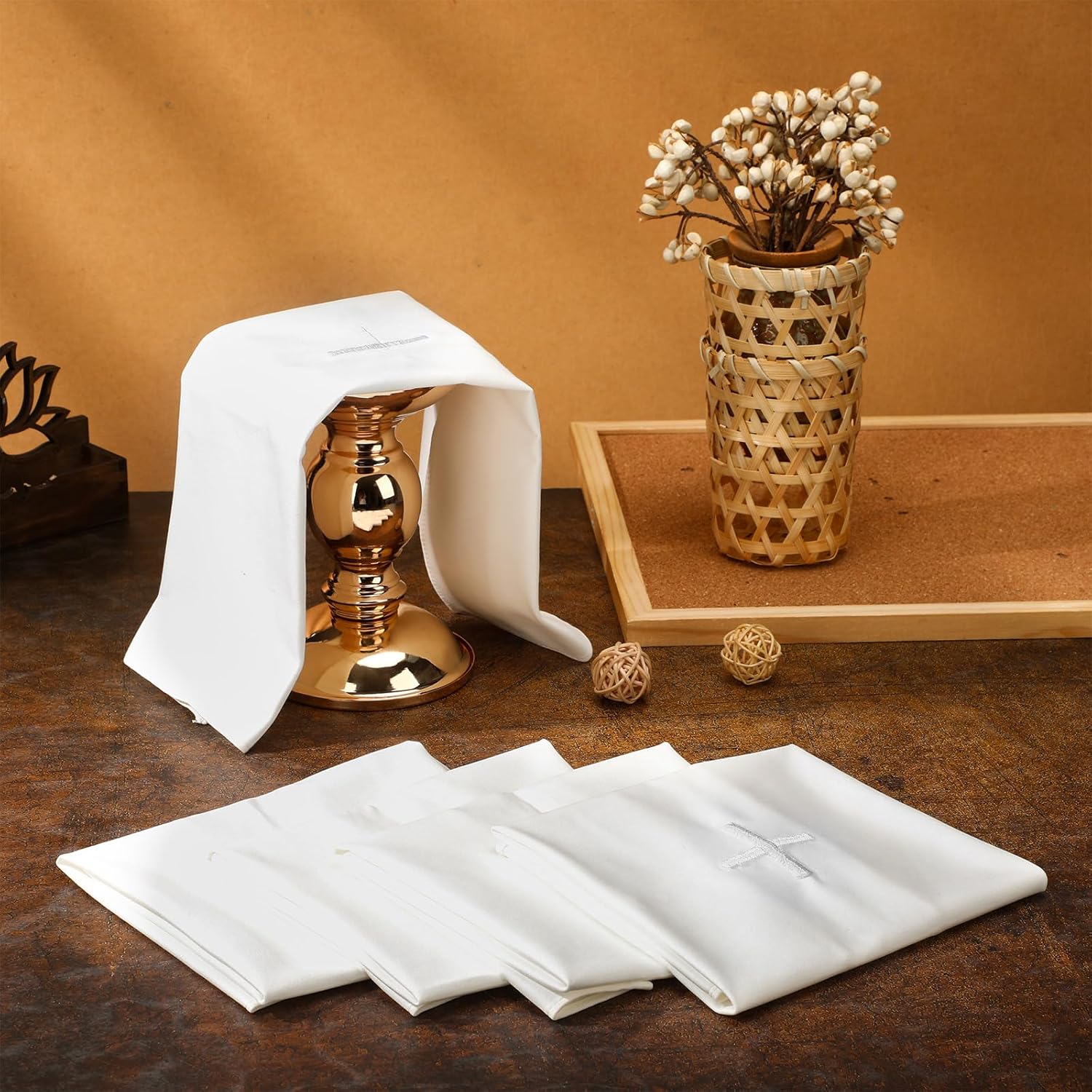 Tegeme 4 Pack of Embroidered Linen Purificator with Silver White Cross Center White Linen Altar Cloth Altar Supplies Corporal for Catholic Mass Communion Towel Supplies and Catholic Church Priest