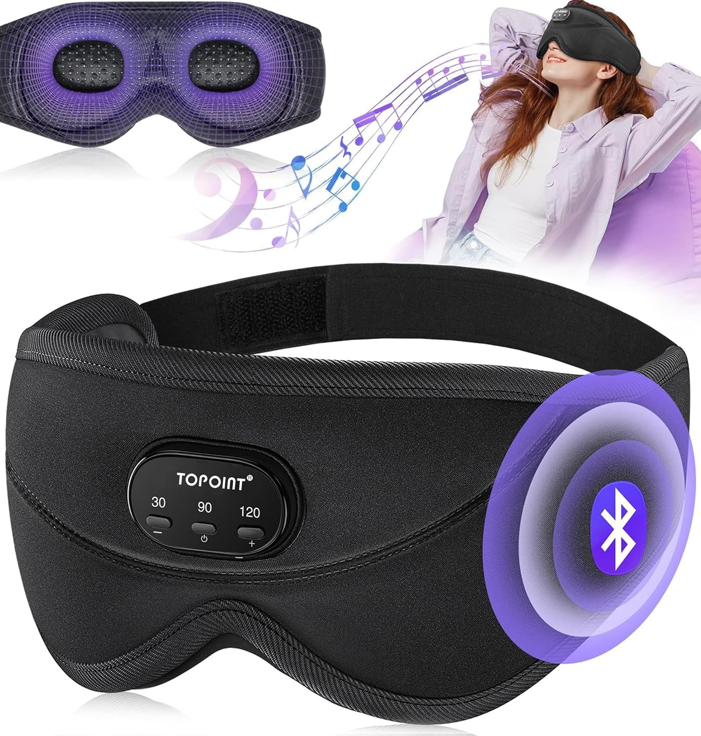TOPOINT Sleep Mask with Bluetooth Headphones, 3D Eye Mask for Sleep Headphones with White Noise, Total Blackout, 5.4 Bluetooth, Timer, 15 Hours for Women Men, Travel, Meditation, Nap, CPAP Users - Image 9