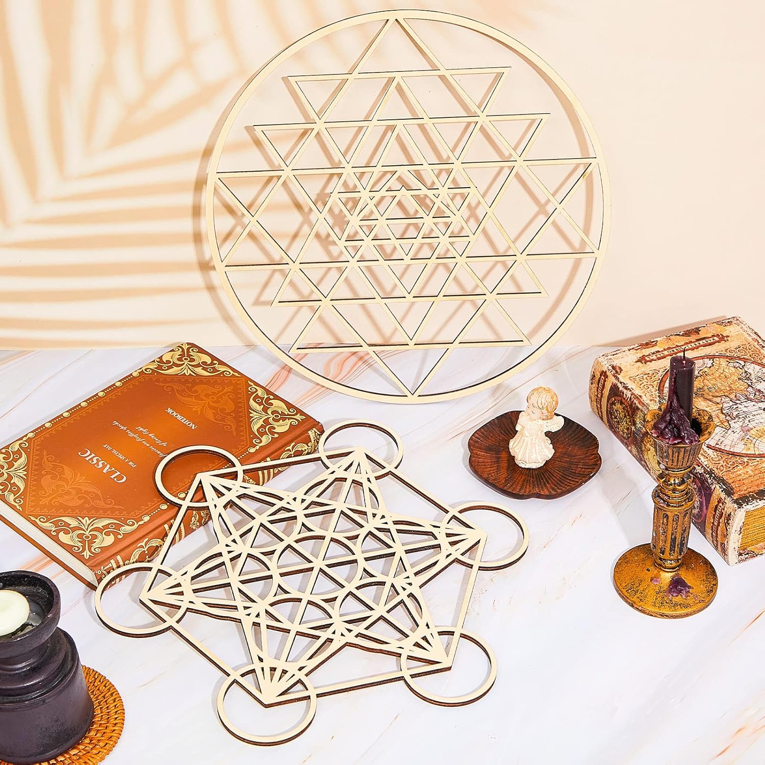 Taiyin 6 Pcs 12 Inch Wooden Sacred Geometry Wall Art Set, Zen Geometric Wall Decor for Home Meditation Room, Inspired Hanging Art with Metatron Cube, Flower of Life, Sri Yantra(Burlywood) - Image 3