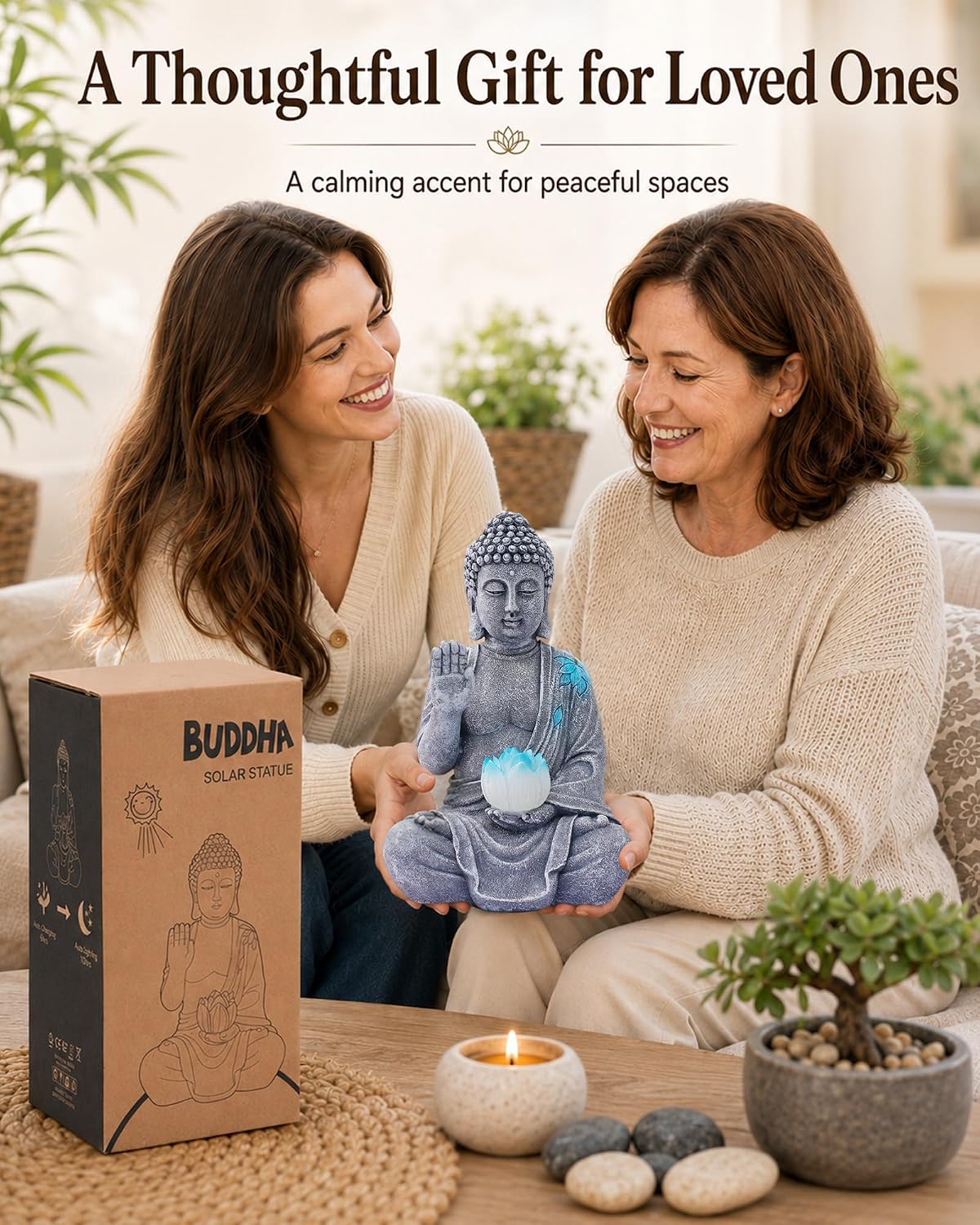 Nacome Solar Buddha Garden Statue Decor: Sitting Resin Figurine with Lotus Flower Light Zen Sculpture for Patio Lawn Yard Porch Balcony Meditation Space - 10.6 inches(Grey) - Image 2