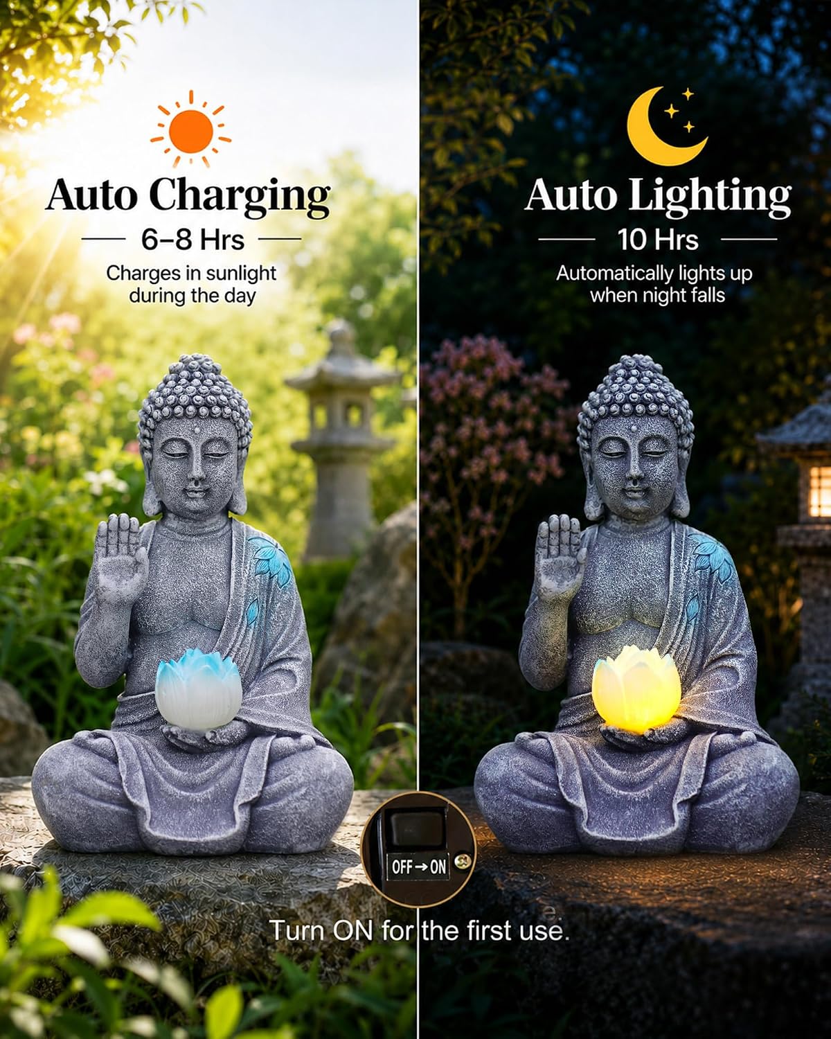 Nacome Solar Buddha Garden Statue Decor: Sitting Resin Figurine with Lotus Flower Light Zen Sculpture for Patio Lawn Yard Porch Balcony Meditation Space - 10.6 inches(Grey) - Image 5