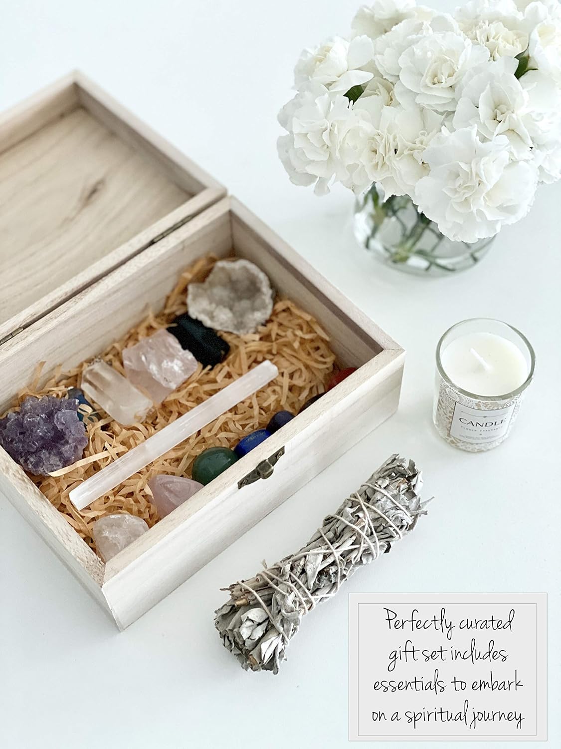 Healing Crystals Kit - Chakra Stones Crystal Starter Set | Sage Smudge Kit and Relaxation Candle | Protection + Meditation with Wooden Reiki Box for Gifts - Image 4