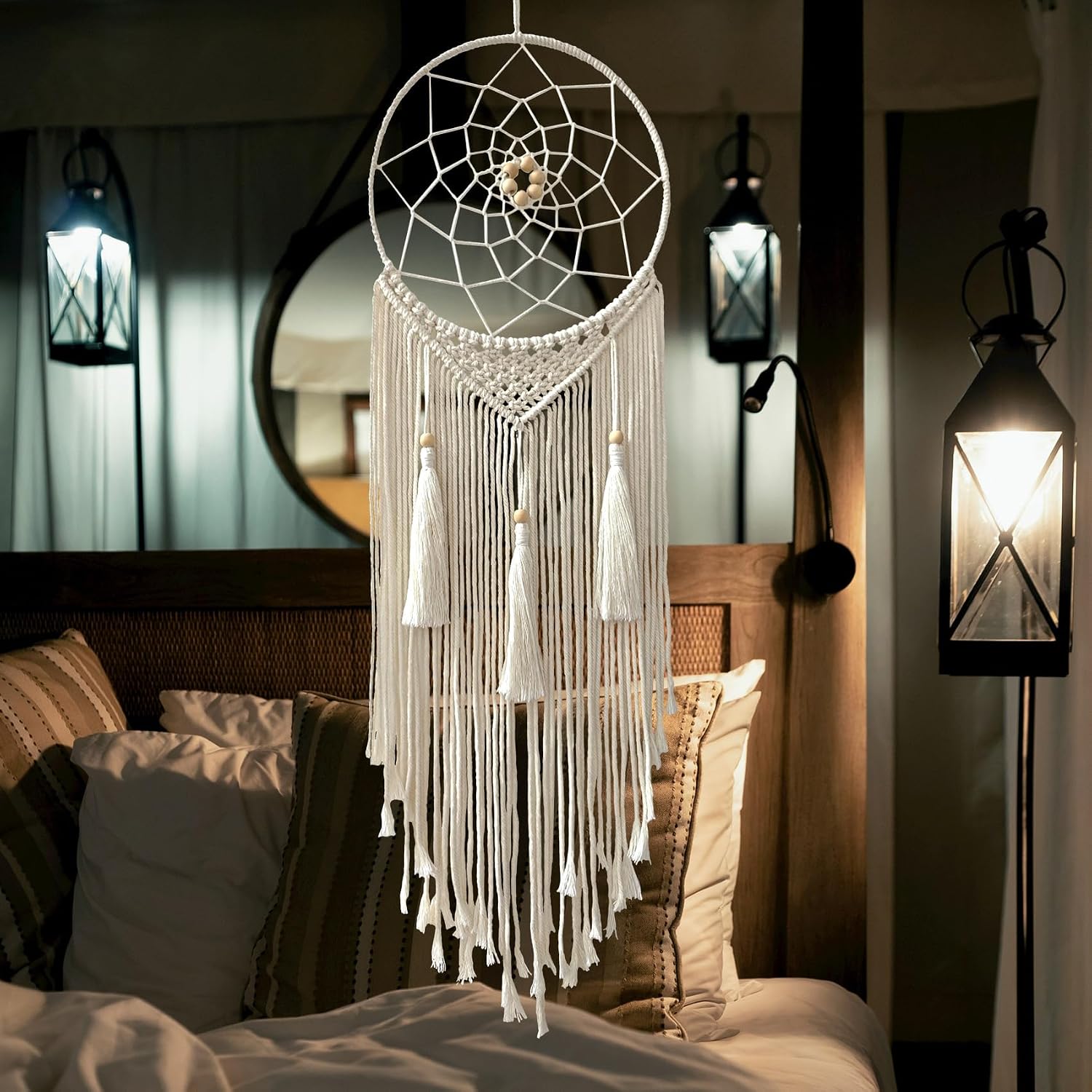 Dream Catcher Macrame Wall Hanging, Boho Decorations for Bedroom Living Room Wedding Party Home Decor, 14" Inner Dia, with 5.9ft Cotton Rope (Medium, Solid) - Image 5