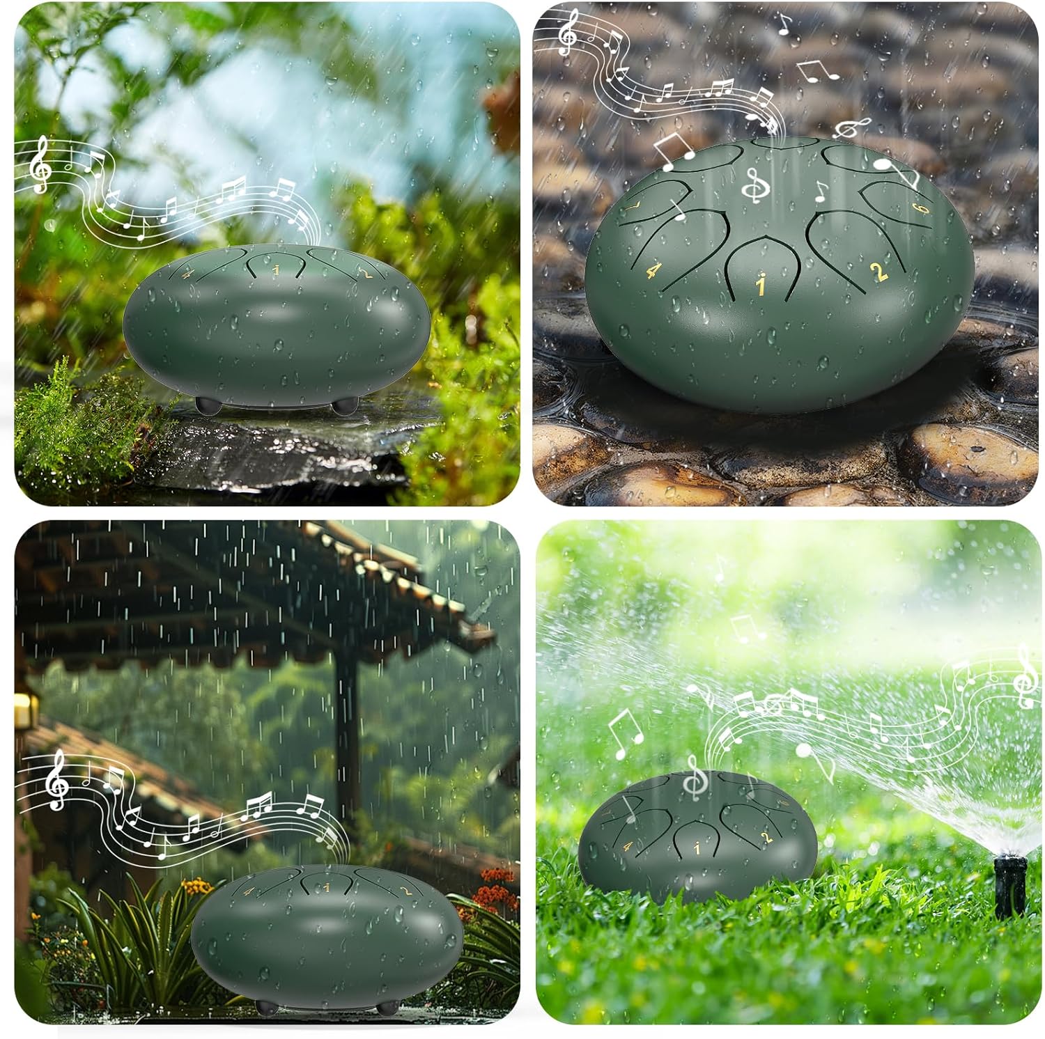 Rain Drum for Outside Garden, 6 Inches 8 Notes Steel Tongue Chakra Drums, Waterproof Meditation Rain Chime, Musical Instruments for Adult Gift with Bag, Music Book, Drum Mallets (Green) - Image 4
