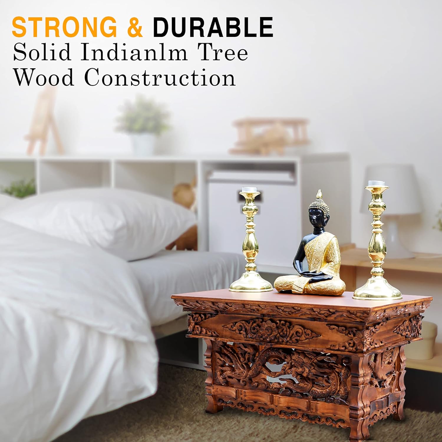 DharmaObjects Solid Indian Elm Wood Hand Carved Floor Shrine Altar Meditation Table (Large, Dark) - Image 8
