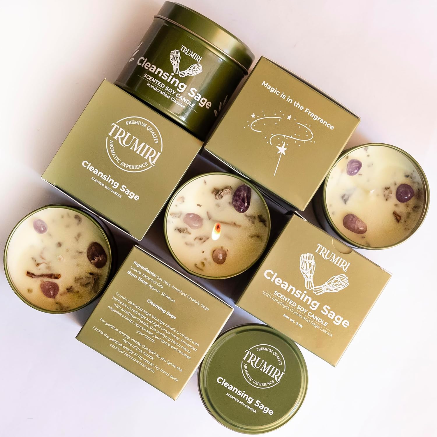 Sage Candle for Cleansing House Negative Energy Smudge Kit - 5oz Soy Wax Natural Clean Organic Non Toxic - Aromatherapy Spiritual Meditation Gifts - Long Lasting Highly Scented Candel with Crystals - Image 8