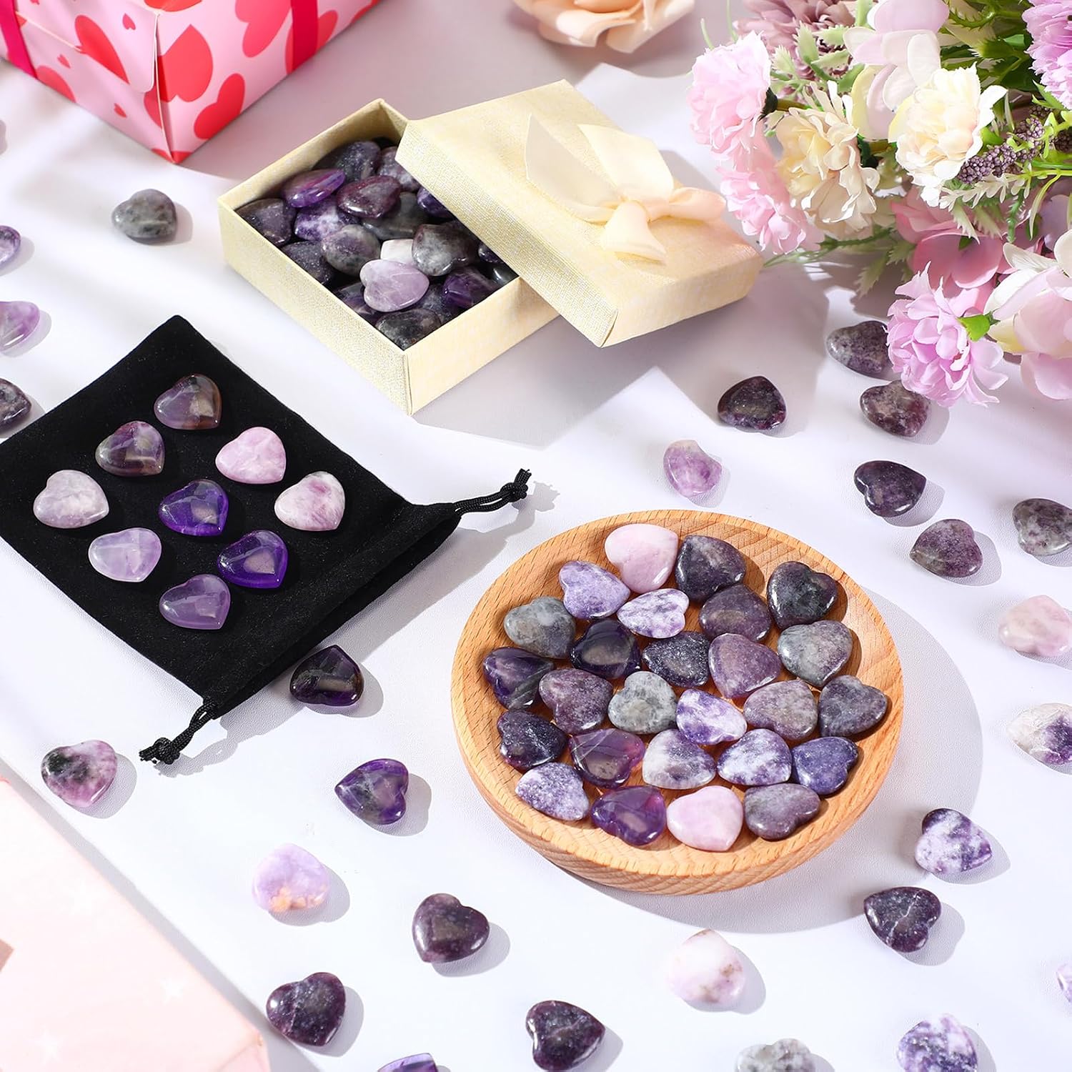 Ecation 120 Pcs Heart Quartz Bulk Crystals Stone Bulk Natural Polished Stone Heart Love Carved Healing Worry Crystal with Flannel Bag for Women Gifts(Amethyst) - Image 3