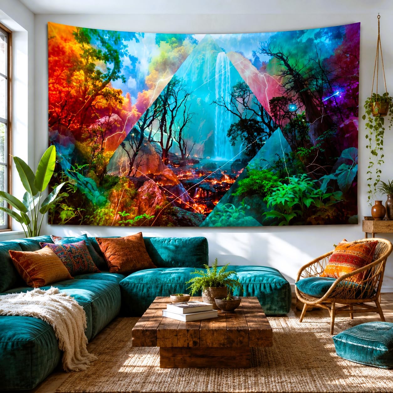 Delur Forest Tapestry Waterfall Mountain Rainforest Sunset Nature Tree Tapestry Wall Hanging Scenic Tropical Landscape Natural Sunrise Headboard for Bedroom Living Room Home Decor (51.2" x 59.1") - Image 4