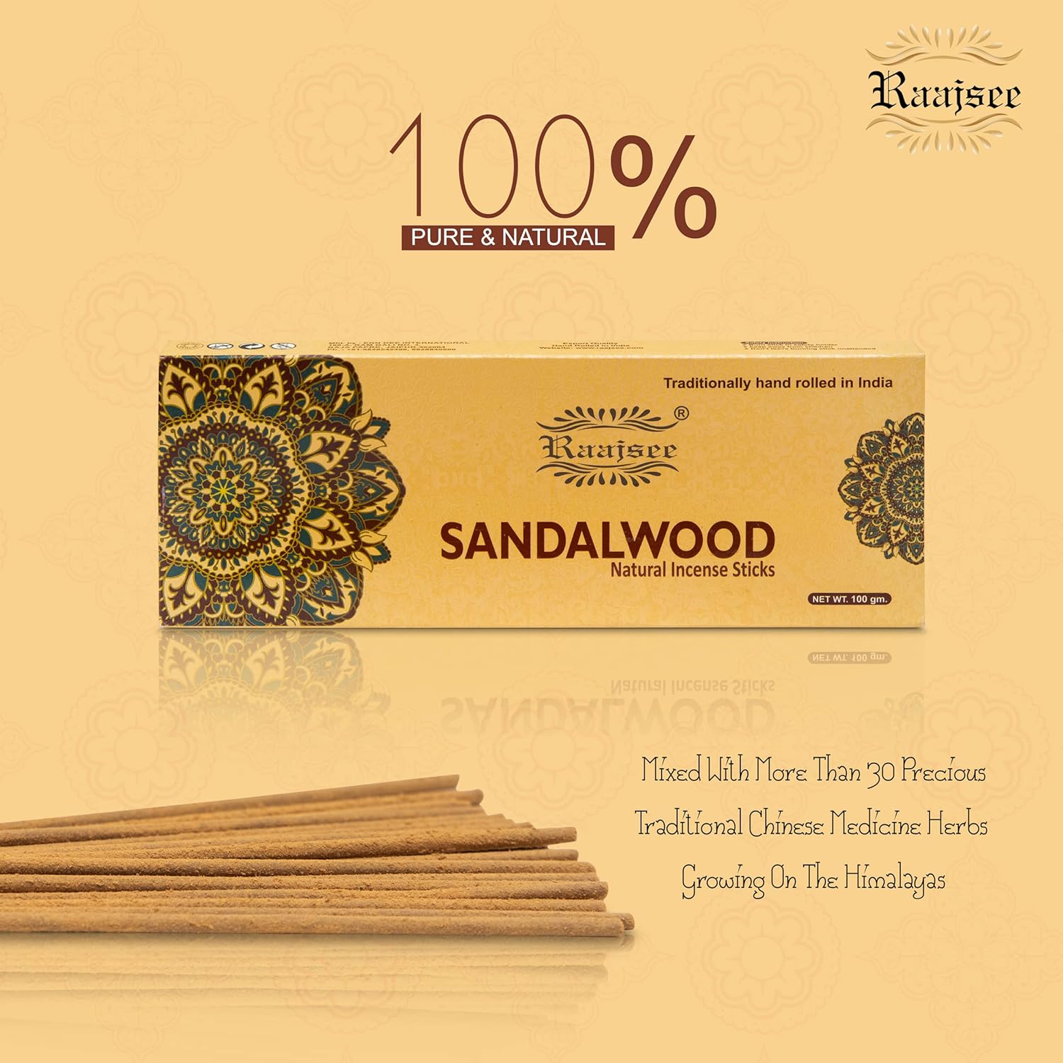Raajsee Sandalwood Incense Sticks 100 Gm Pack-100% Pure Organic Natural Hand Rolled Free from Chemicals-for Church,Aroma Therapy,Relaxation,Meditation & Sensual Therapy - Image 3