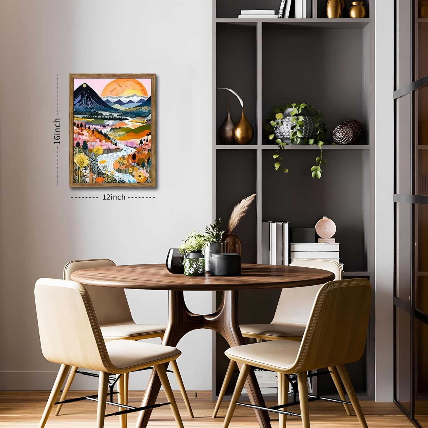 Wood Frame Boho Colorful Wall Art, Set of 3 Abstract Watercolor Mountain Landscape Wall Decor Painting, Modern Flower Aesthetic Posters Prints for Living Room Bathroom Bedroom 12x16In Framed - Image 3