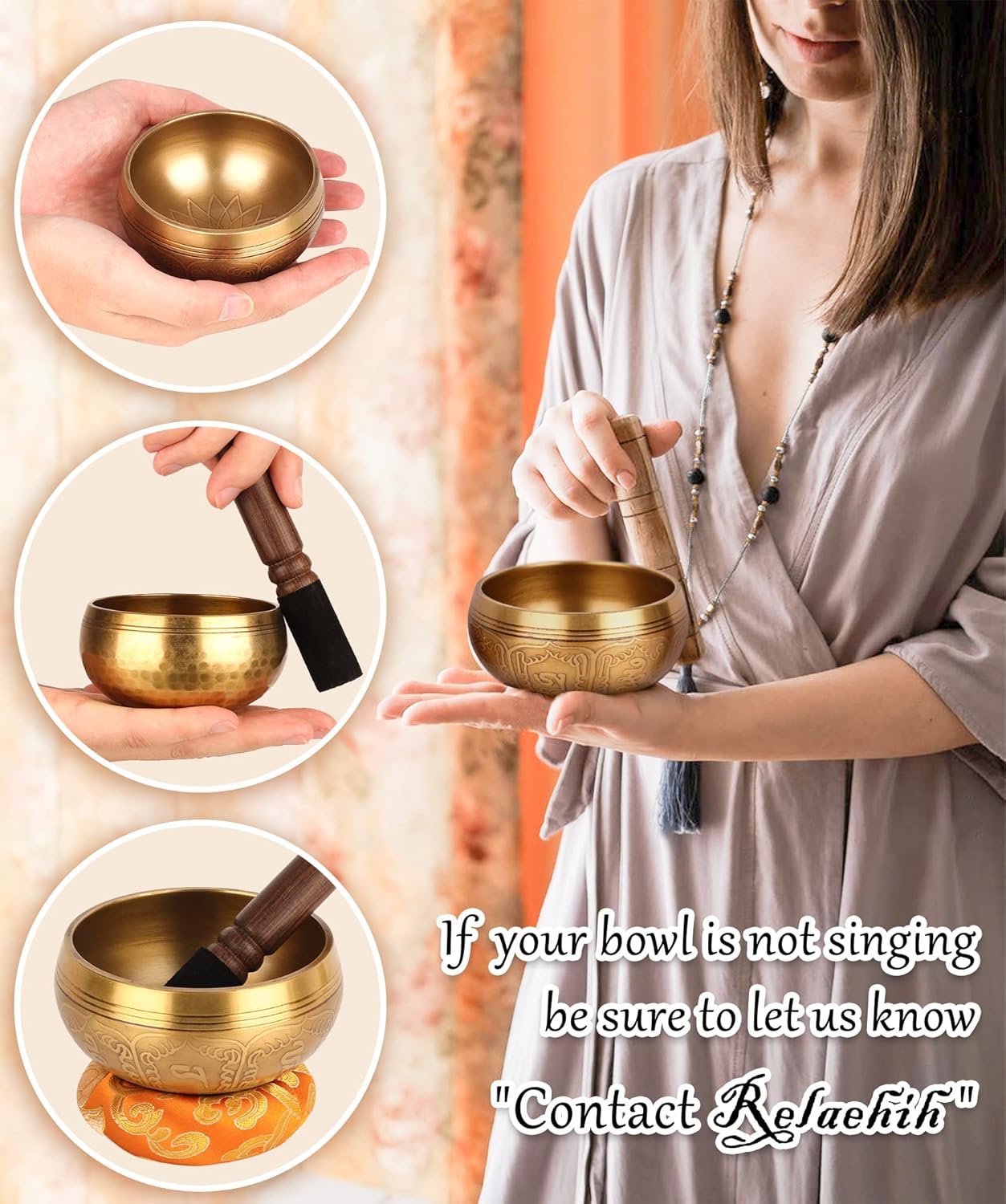 Relaehih 2-Pack Tibetan Singing Bowls Set - 100% Handmade in Nepal, Sound Bowl Meditation Set for Yoga, Chakra Healing, Meditation Gifts, Unique Gifts for Women (Blue, 3.15 + 4 inch) - Image 6