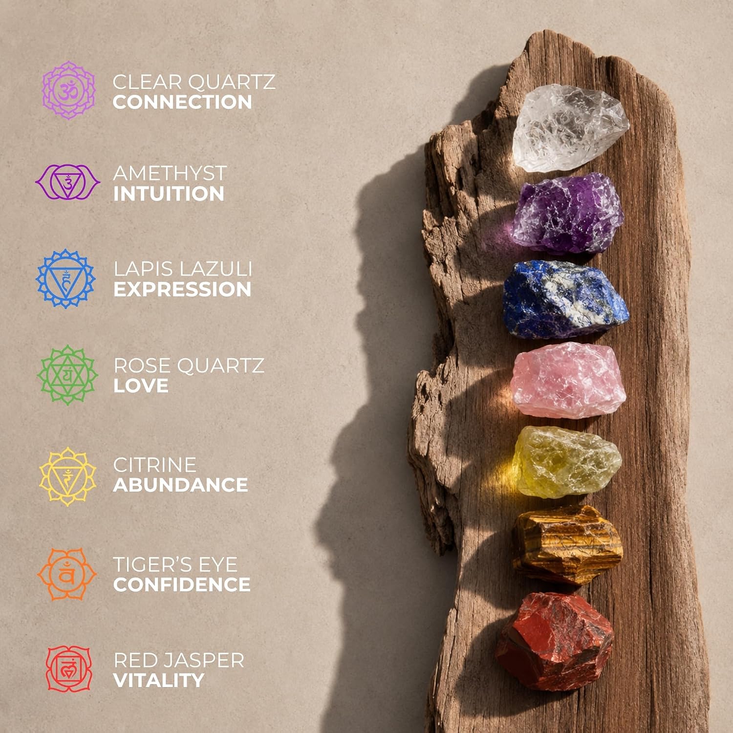 Anima Premium 7 Chakra Healing Crystals Set for Energy Alignment - Large Raw Amethyst, Rose Quartz, Citrine, Lapis Lazuli, Clear Quartz, Tigers Eye & Red Jasper - Wooden Gift Box & Guidebook Included - Image 5