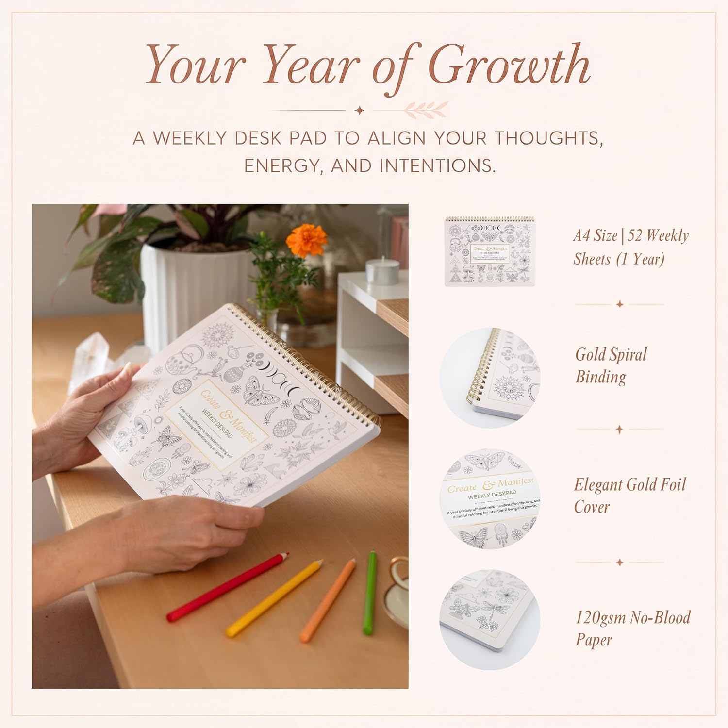 Manifestation Planner for Daily Affirmations | Law of Attraction, Gratitude and Mindful Coloring | Intention Setting Tracker for Women | 52 Sheets for 1 Year | A4 - Image 6