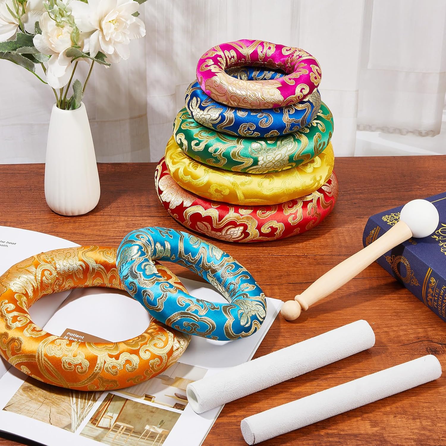10 Pcs Singing Bowl Cushion Set 7 Silk Cloth O Ring with 3 Crystal Singing Bowl Mallet Include Solid and Hollow Stick Wood Handle Rubber Mallet for 6-12" Tibetan Sound Meditation(Rainbow) - Image 6
