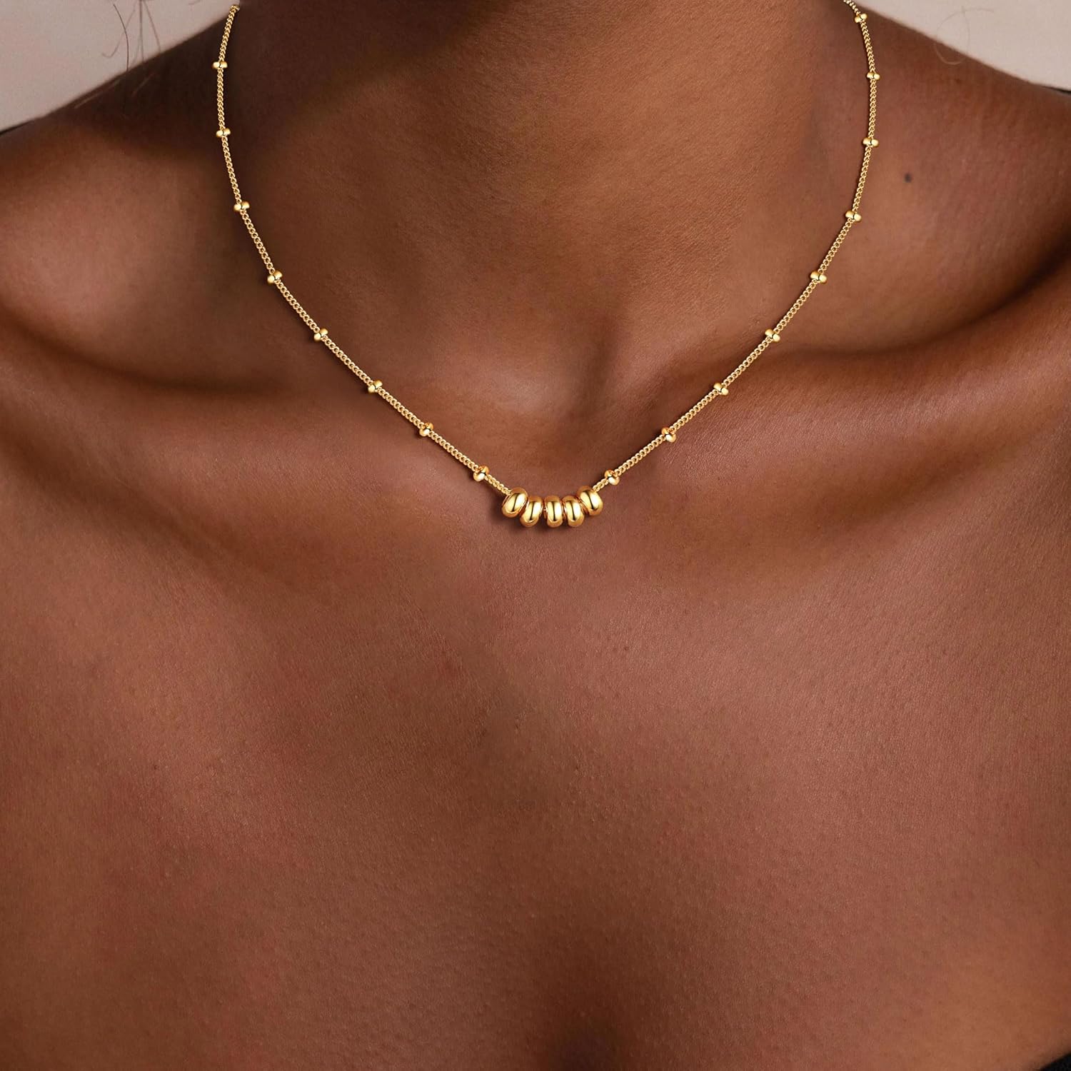 M MOOHAM Gold Necklace for Women Non Tarnish - Dainty 14K Gold Plated Beaded Chain Small Pendant Necklaces Simple Pearl Circle Beads Teardrop Pendant Necklace for Women Trendy Jewelry Gifts - Image 2