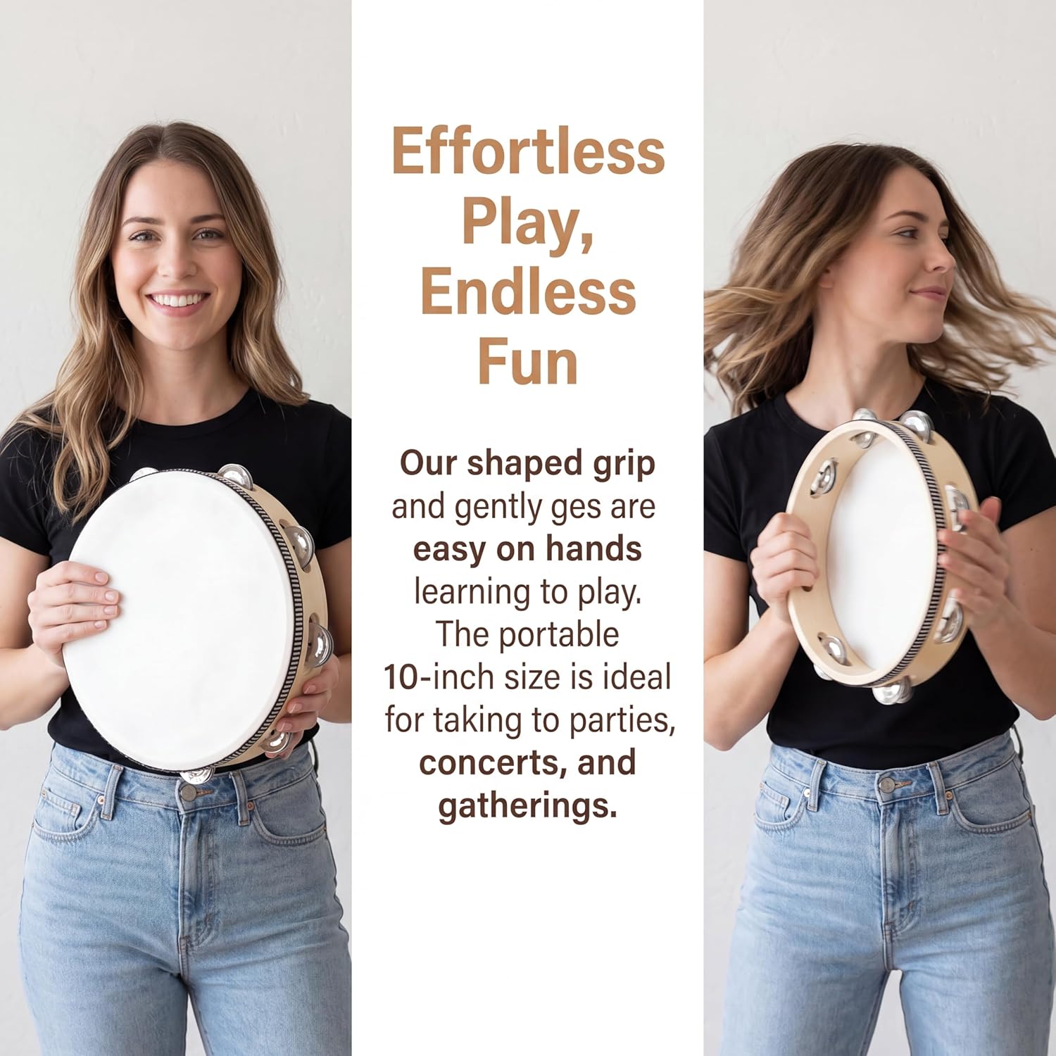 Tambourine for adults 10 inch Hand Held Drum Bell Birch Metal Jingles Percussion Gift Musical Educational Instrument for Church KTV Party (10 inch) - Image 4