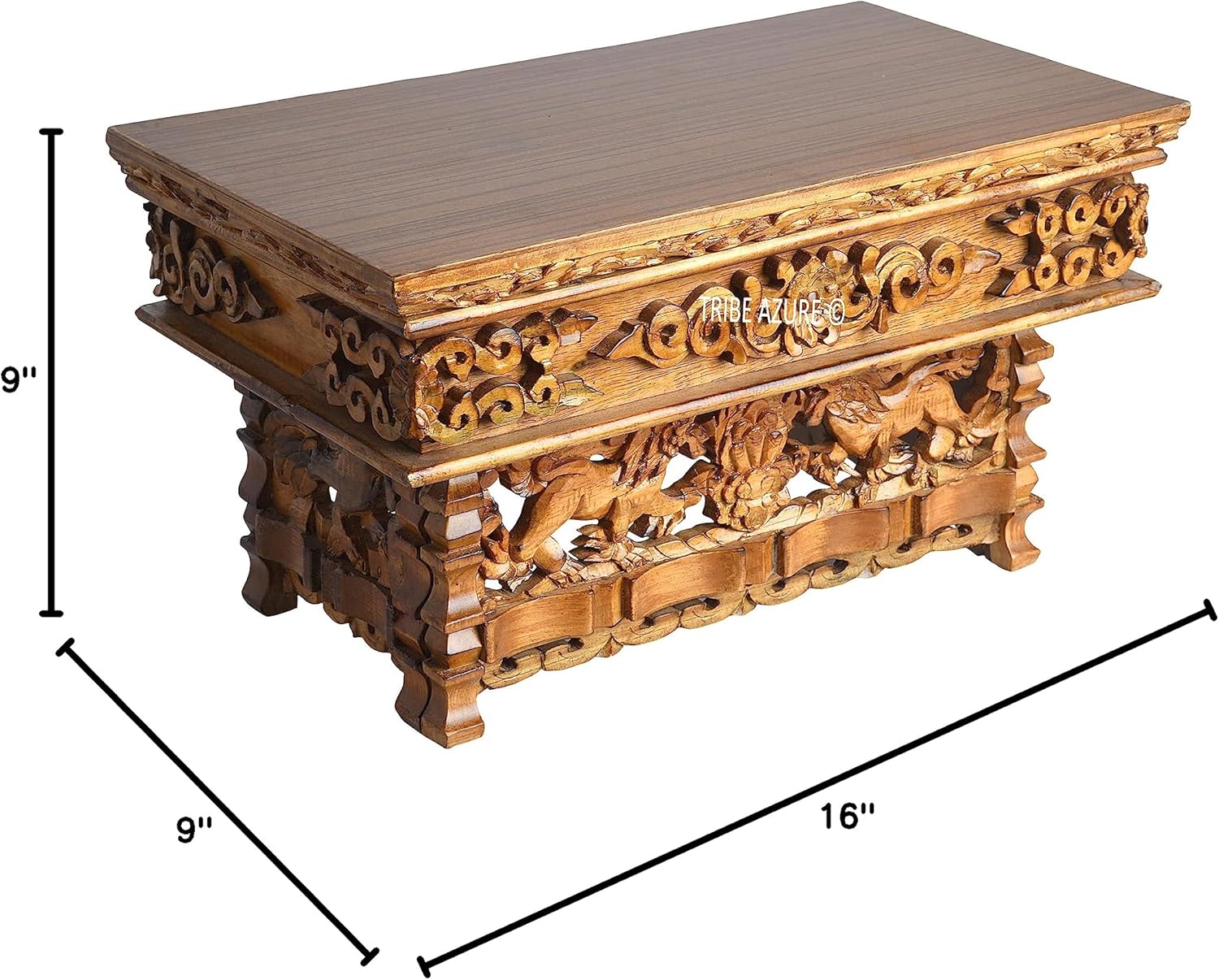 Tribe Azure Fair Trade Small Snow Lion Altar Table, Hand Carved Wooden Table with Majestic Garuda, 16 in x 9 in x 9 in - Image 2