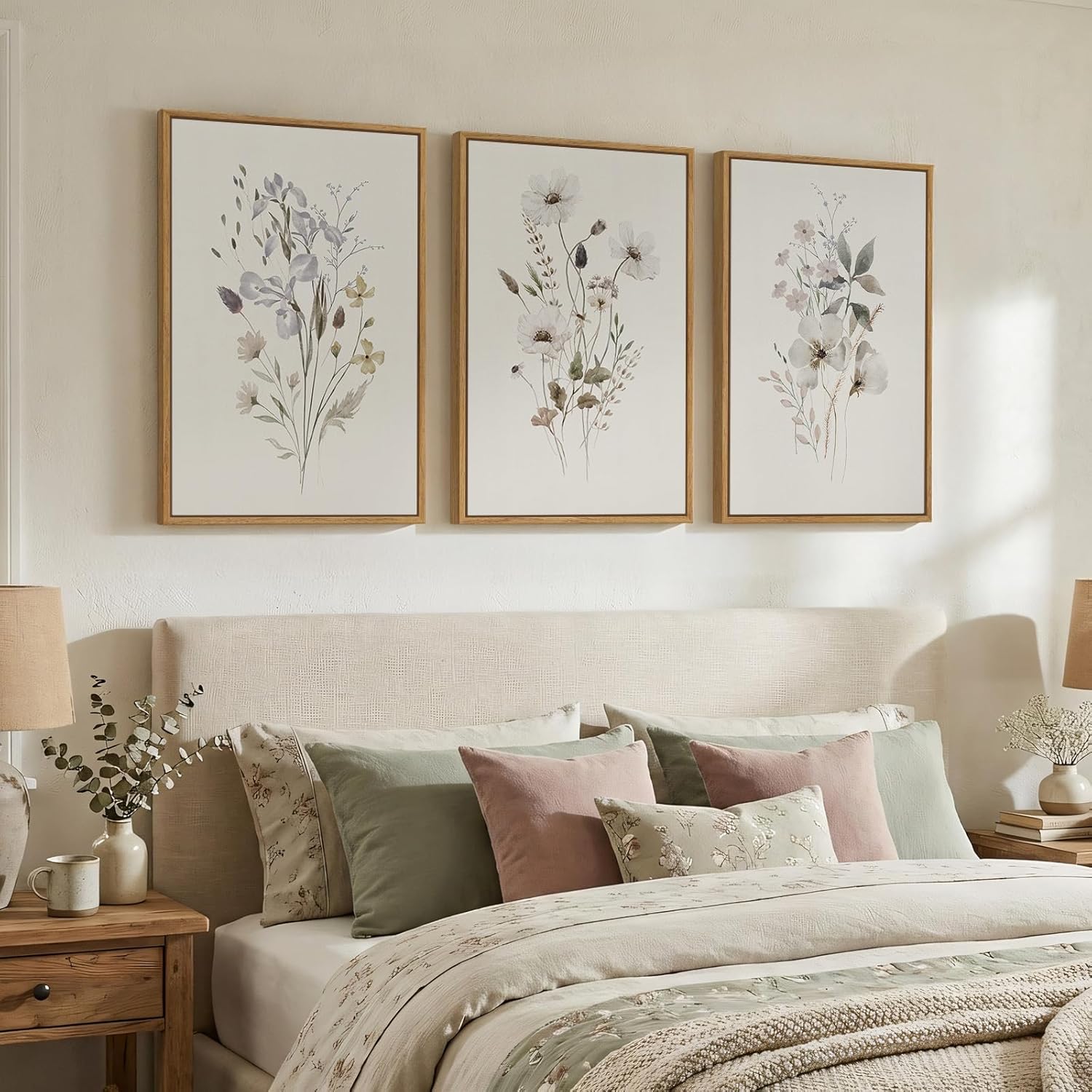 Framed Neutral Floral Botanical Wall Art Set of 3, Modern Farmhouse Flower Canvas Prints Paintings, Rustic Minimalist Wildflower Plant Pictures for Living Room Bedroom Hallway Wall Decor, 16x24 Inch - Image 4