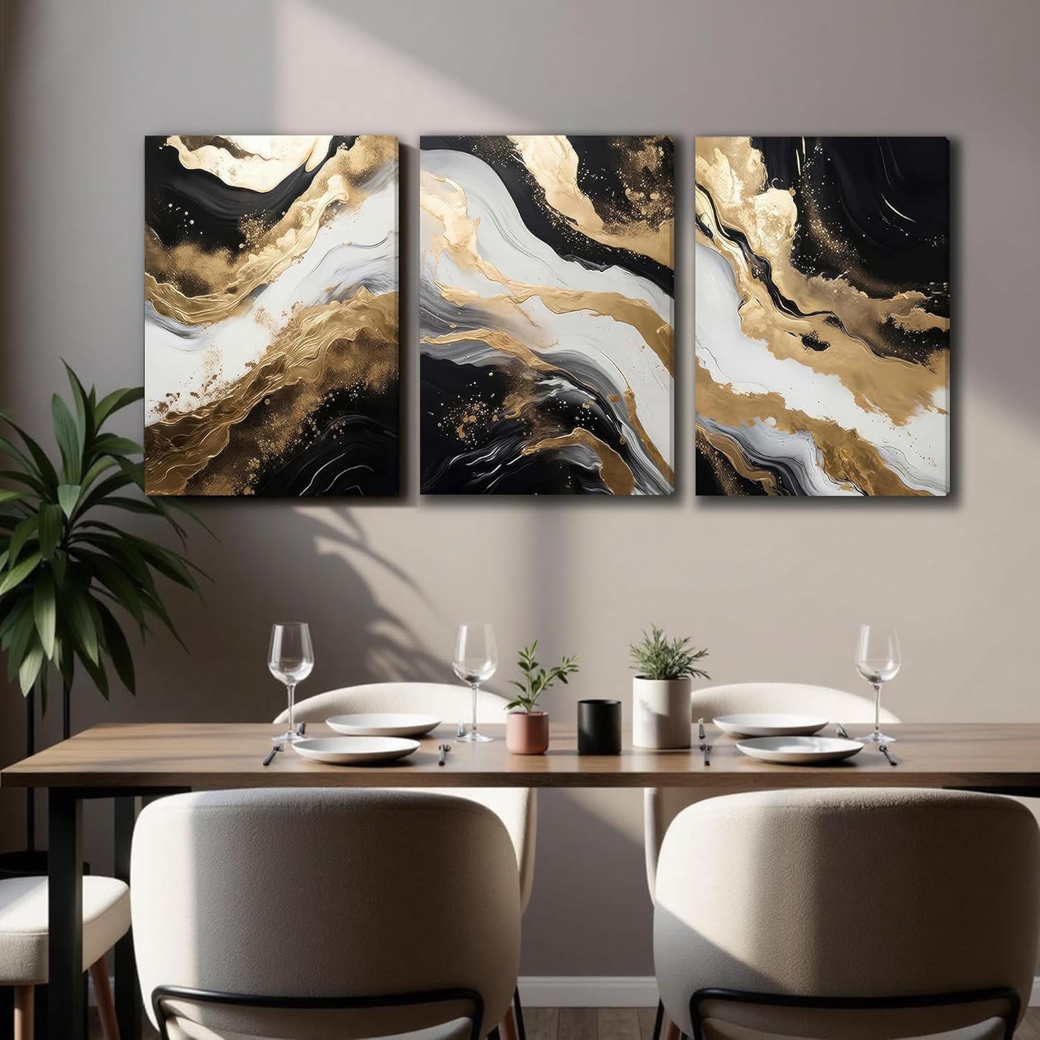Palette Dreams 3 Piece Framed Black and White Abstract Wall Art, Black Gold Canvas Black Marble Picture Wall Decor, Modern Gold Foil Art Poster Print for Living Room Bedroom Office Bathroom 16x24 Inch - Image 2