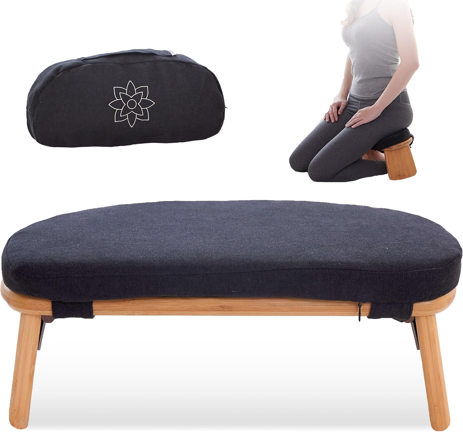 Mindful Modern Folding Meditation Bench - Bamboo Kneeling Stool w/Locking Magnetic Hinges - Prayer Kneeler Seiza Chair w/Soft Pillow & Travel Bag
