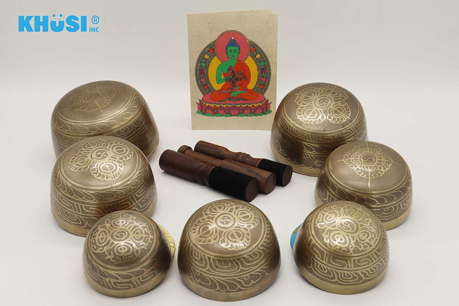 Singing Bowl Set of 7, Thadobati Design Himalayan Sound Bowl, Handcrafted, Hand hammered, Comes w/silk cushions, 3 sticks, Buddhist card, Brocade Box Ideal for Meditation, Yoga, Mindfulness Healing - Image 2