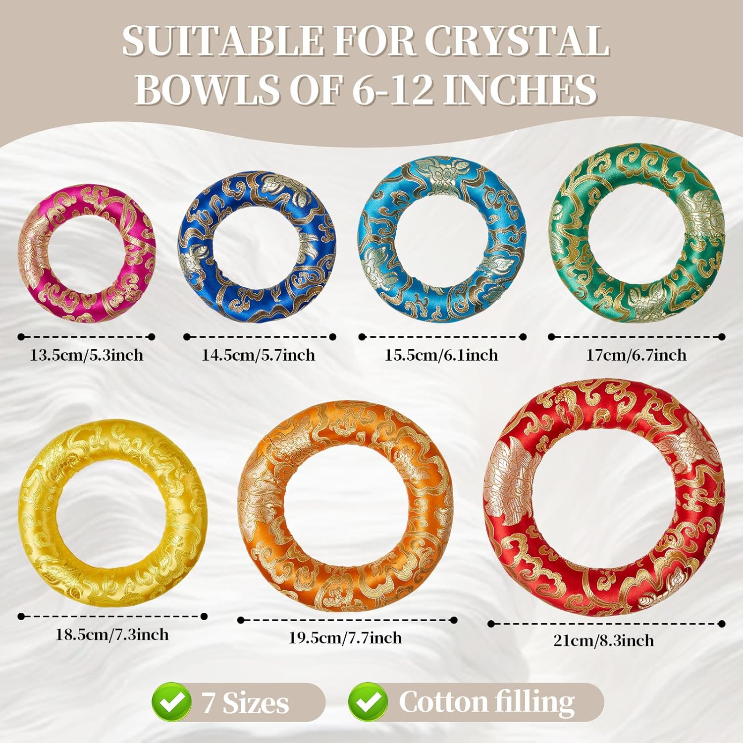 10 Pcs Singing Bowl Cushion Set 7 Silk Cloth O Ring with 3 Crystal Singing Bowl Mallet Include Solid and Hollow Stick Wood Handle Rubber Mallet for 6-12" Tibetan Sound Meditation(Rainbow) - Image 2