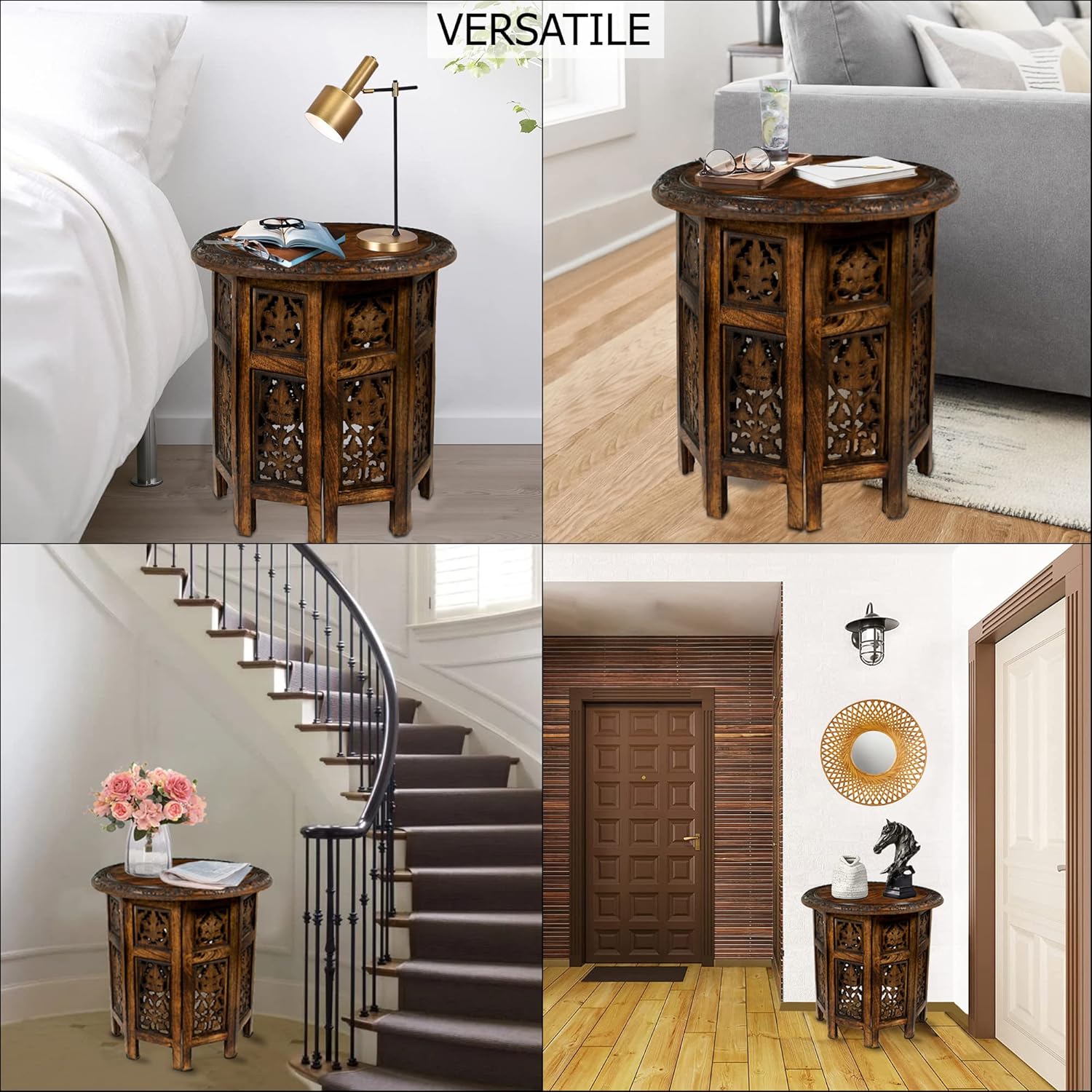 Solid Wood Accent End Table - Hand Carved Vintage Boho Folding Side Table - Small Spaces Entryway Farmhouse Living Room Bedside - No Tools Assembly -18x18 Round - Jaipur Antique Brown -Cotton Craft - Image 8