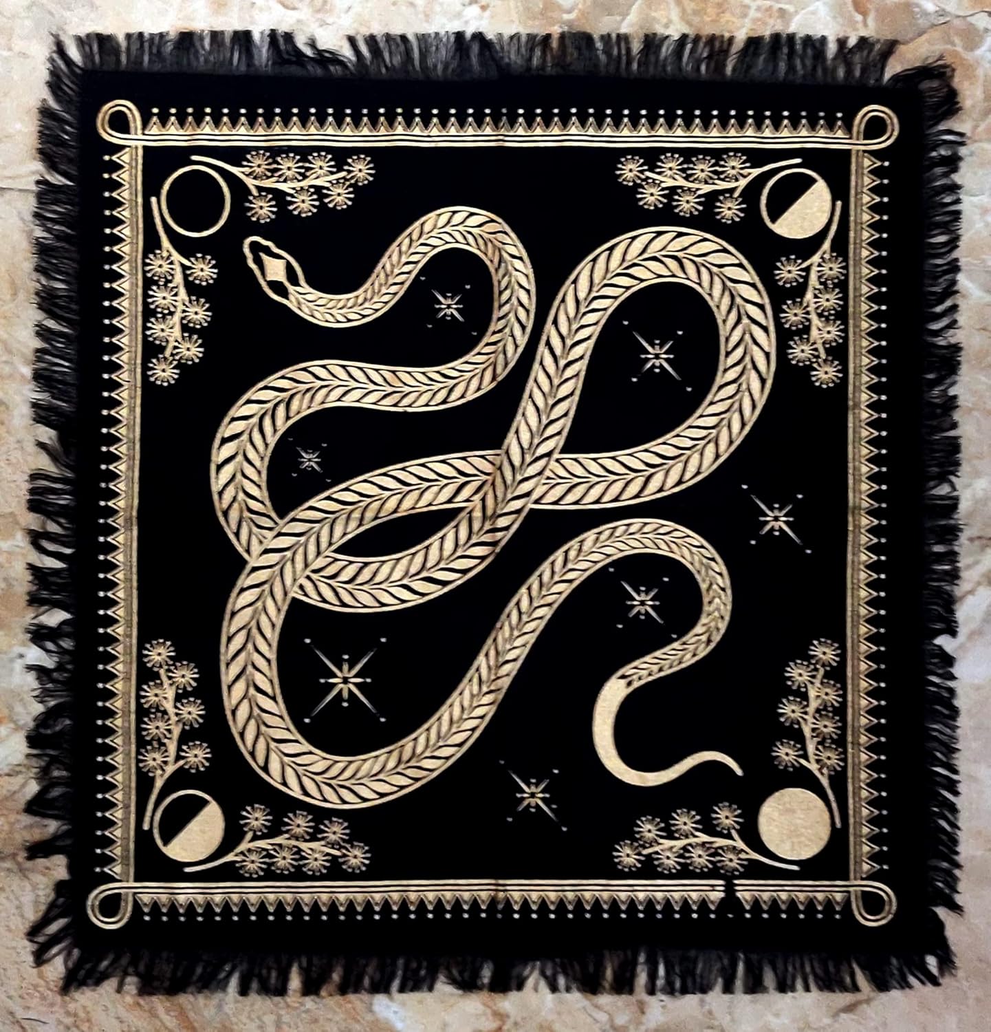 INDACORIFY Golden Snake Altar Table Top Cloth with Fringes Celtic Alter Tarot Witchcraft Spread Spiritual Sacred Cloth 18x18 in (Golden Snake) - Image 2