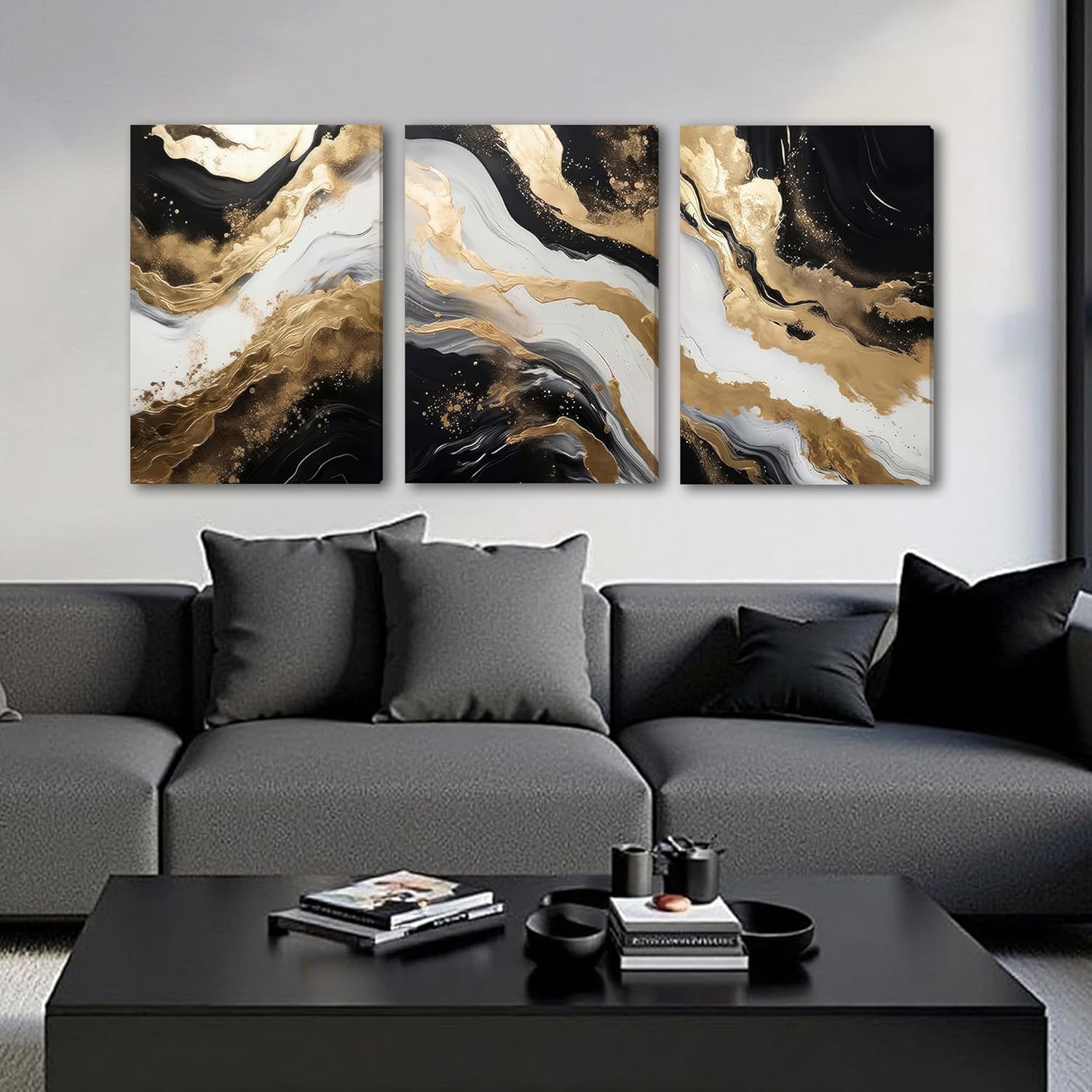 Palette Dreams 3 Piece Framed Black and White Abstract Wall Art, Black Gold Canvas Black Marble Picture Wall Decor, Modern Gold Foil Art Poster Print for Living Room Bedroom Office Bathroom 16x24 Inch - Image 3