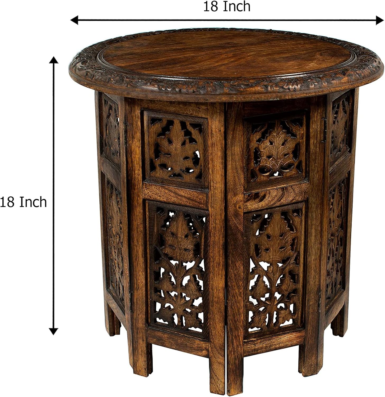 Solid Wood Accent End Table - Hand Carved Vintage Boho Folding Side Table - Small Spaces Entryway Farmhouse Living Room Bedside - No Tools Assembly -18x18 Round - Jaipur Antique Brown -Cotton Craft - Image 3