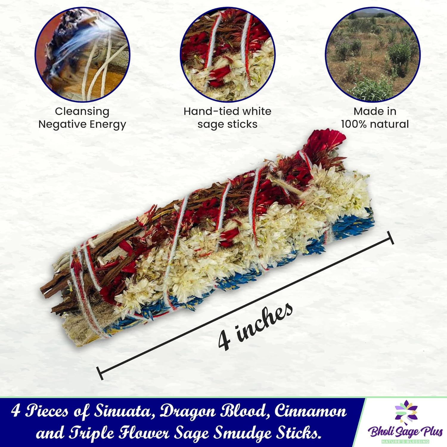 Bholi Sage Plus Sage Smudge Kit for Cleansing Negative Energy and Cleansing Home Sinuata, Dragon Blood, Cinnamon and Triple Flower Dried - 4'' Long Pack of 4 White California Sage Sticks - Image 3