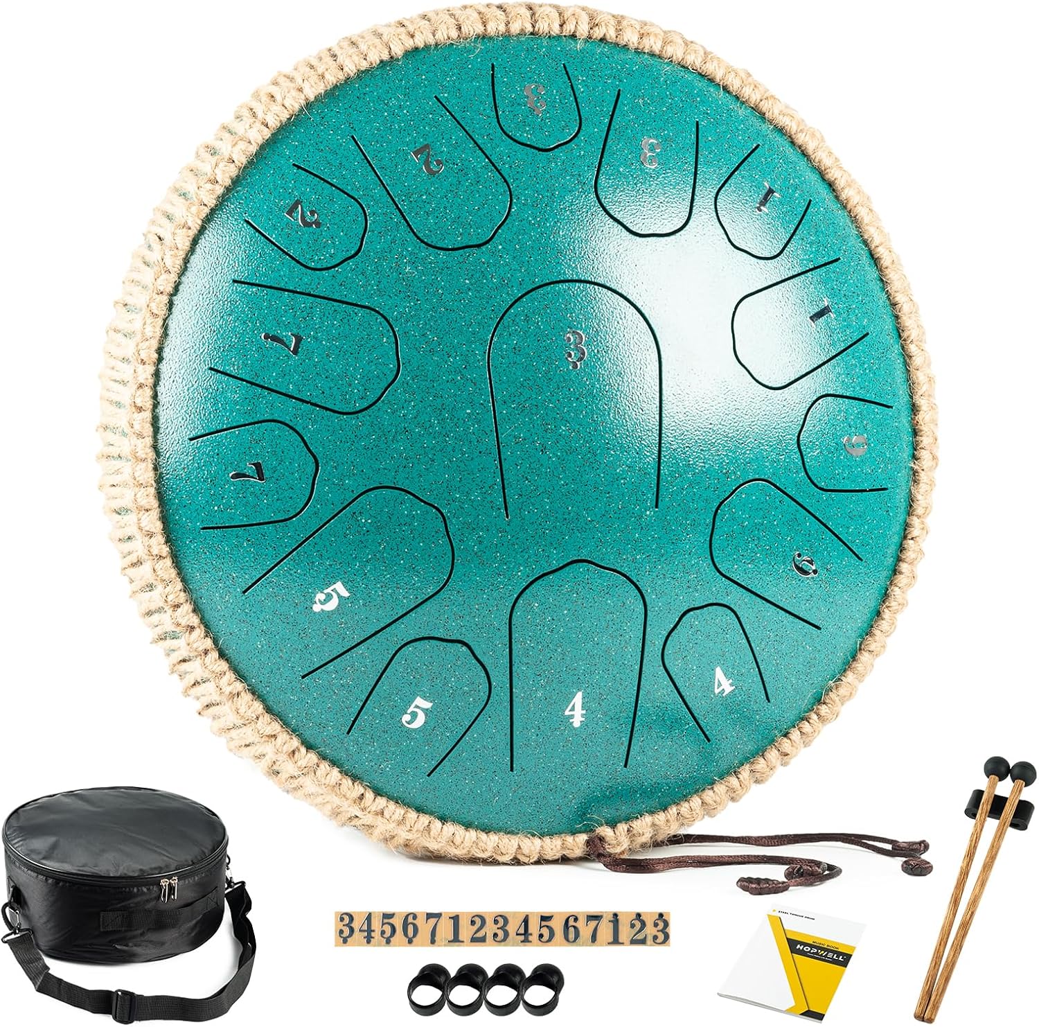 HOPWELL Steel Tongue Drum - 13 Inches 15 Notes Tongue Drum - Hand Pan Drum with Music Book, Handpan Drums Mallets and Carry Bag, D Major (Malachite Green)