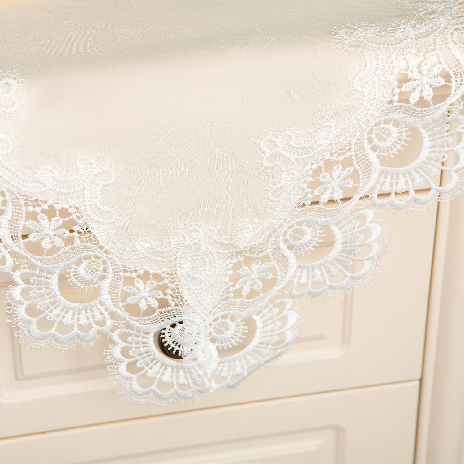 Lace Small Square Tablecloth Embroidered Farmhouse Table Cloth with Macrame Border Side Table Cover for Dresser Beside Tables Nightstand White 24x24 inch - Image 4