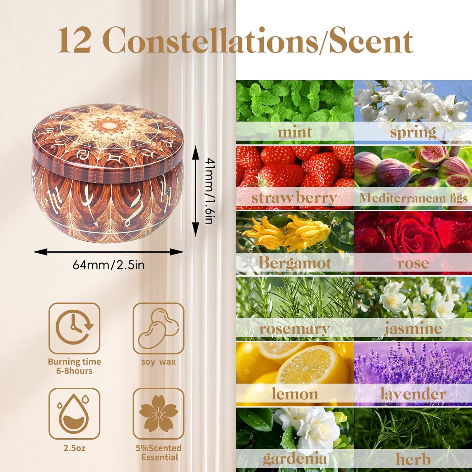 Zodiac Scented Candles Gifts Set, 12 Pack Soy Wax Travel Aromatherapy Candles with Essential Oils, Astrology Constellation Candle Set for Birthday, Mother's Day, Relaxation, Home Decor - Image 6