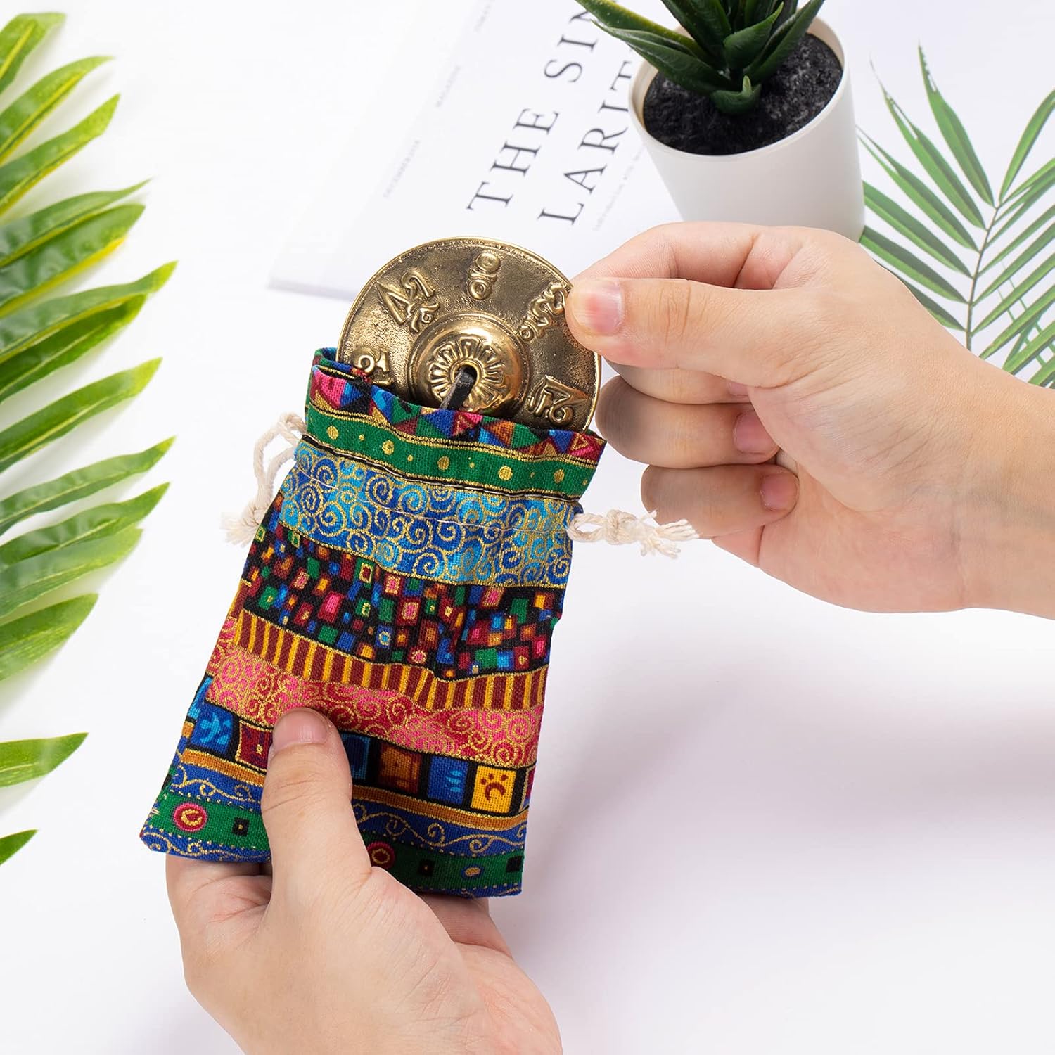 Boao Tibetan Bells Tingsha Cymbals Meditation Chime Bells with Tibetan Drawstring Cloth Bag, 6.3 cm Yoga Finger Meditation Chime for Percussion Instrument(Om Mane Padme Hum Symbols Embossed) - Image 5