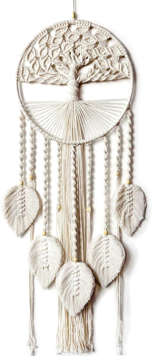 Large Tree of Life Dream Catchers, Macrame Wall Hanging Boho Handmade Woven Dream Catcher Macrame Wall Decor Art for Adults Boys Girls Bedroom Wedding Party Decor, Festival Blessing Gift(Light Beige)