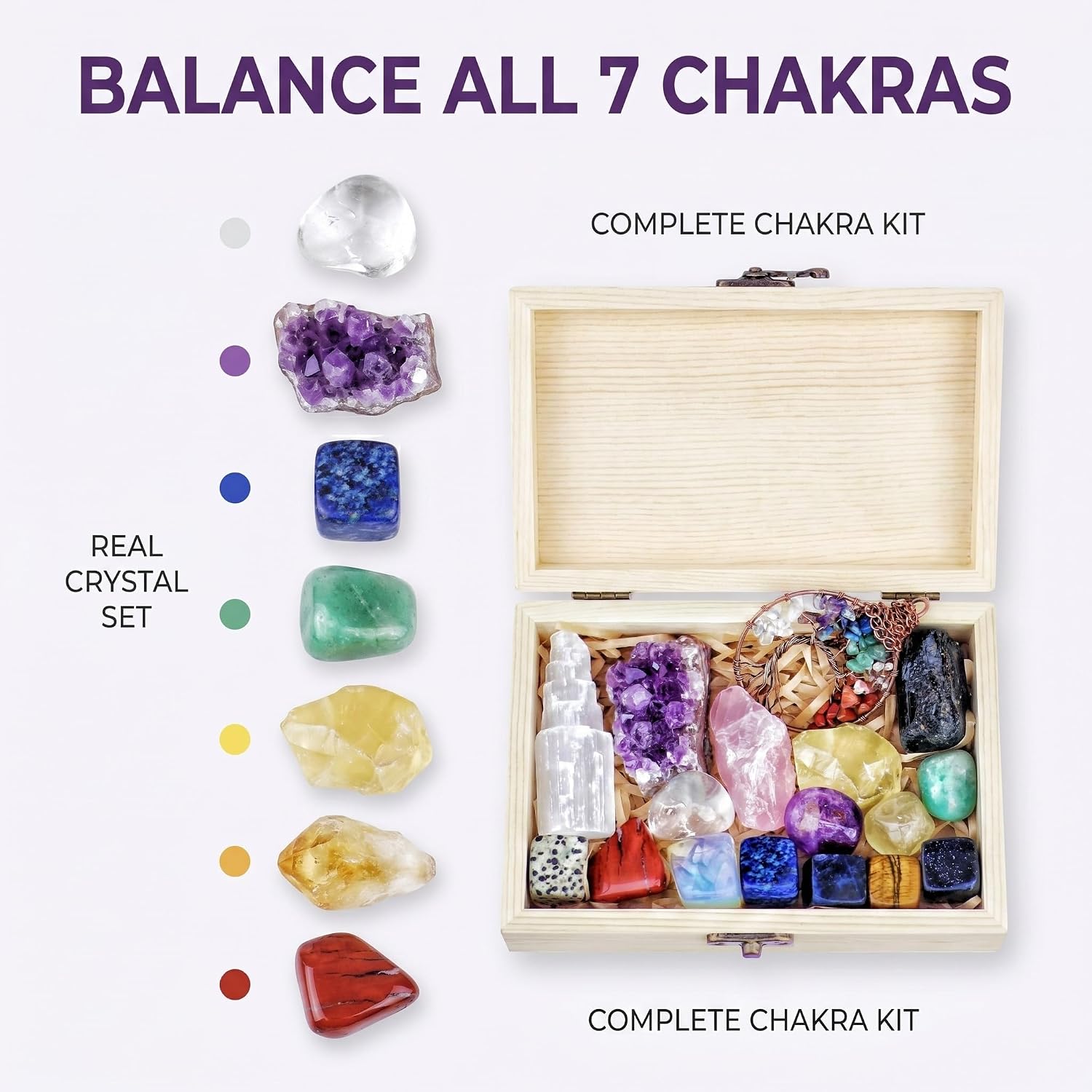 AtPerry's Healing Crystals Set - 16 Real Chakra Crystals & Stones for Stress & Anxiety Relief, Wooden Gift Box + Tree of Life Necklace + Guide Book, Selenite Amethyst Rose Quartz - Gift for Women - Image 4