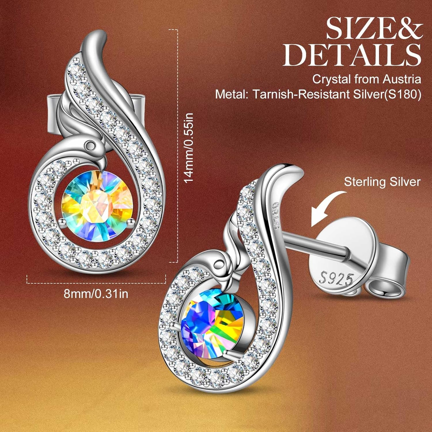 Kate Lynn Rise From the Ashes Sterling Silver Phoenix Earrings | Stud Earrings with Crystals from Austria, Packaged with Jewelry Box, Birthday Gifts for Women, Symbol of Luck and Renewal - Image 4